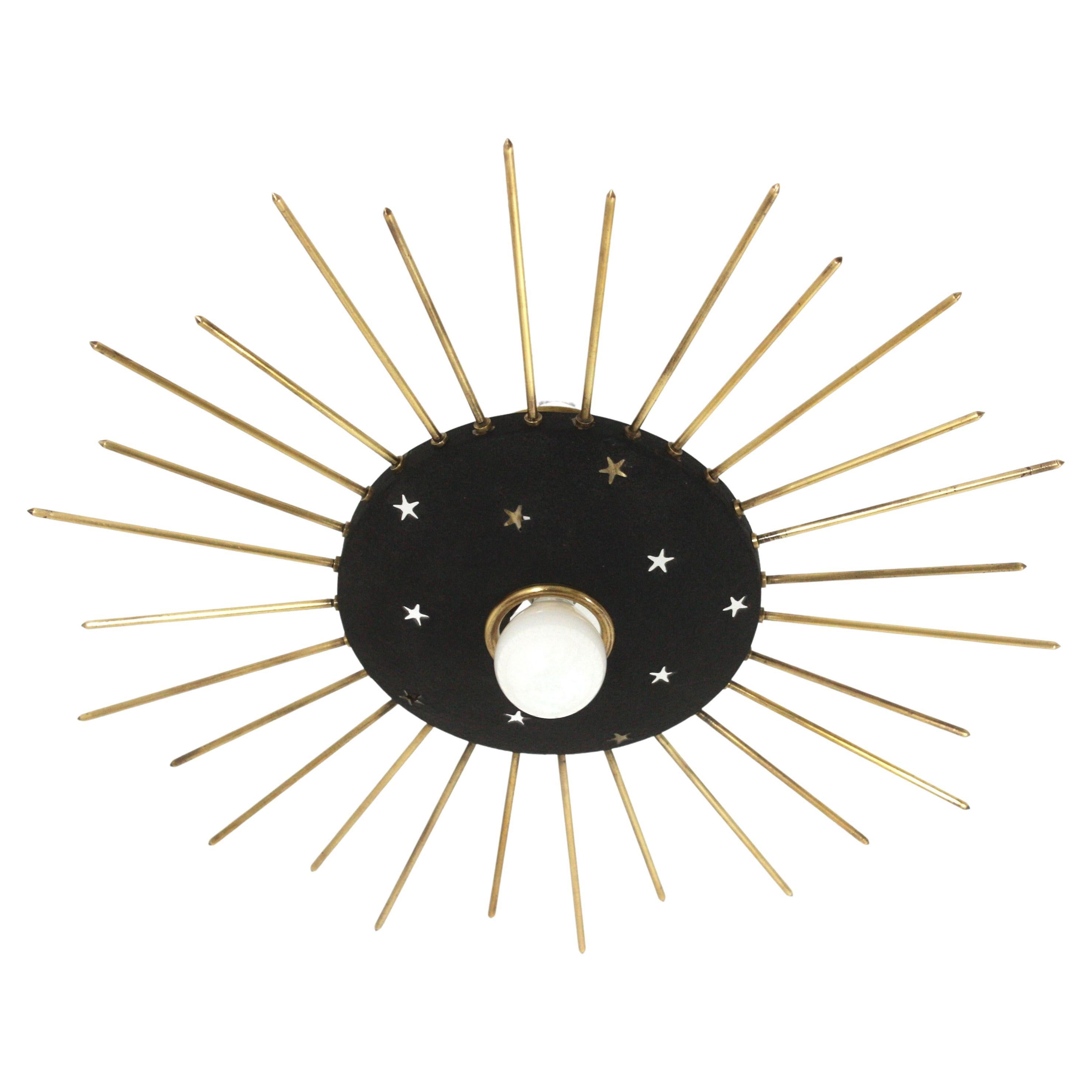 Sunburst Ceiling Light Fixture in Black Metal & Brass with Stars Details, 1950 For Sale