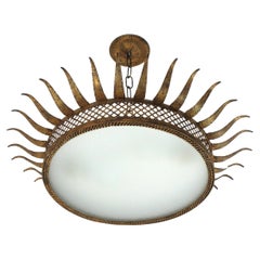 Sunburst Ceiling Light Fixture in Gilt Iron with Grid Detail, France 1950s