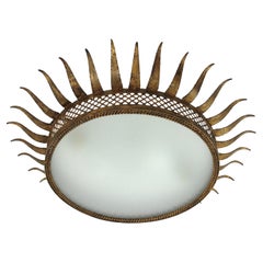 Sunburst Ceiling Light Fixture in Gilt Iron with Grid Detail, France 1950s