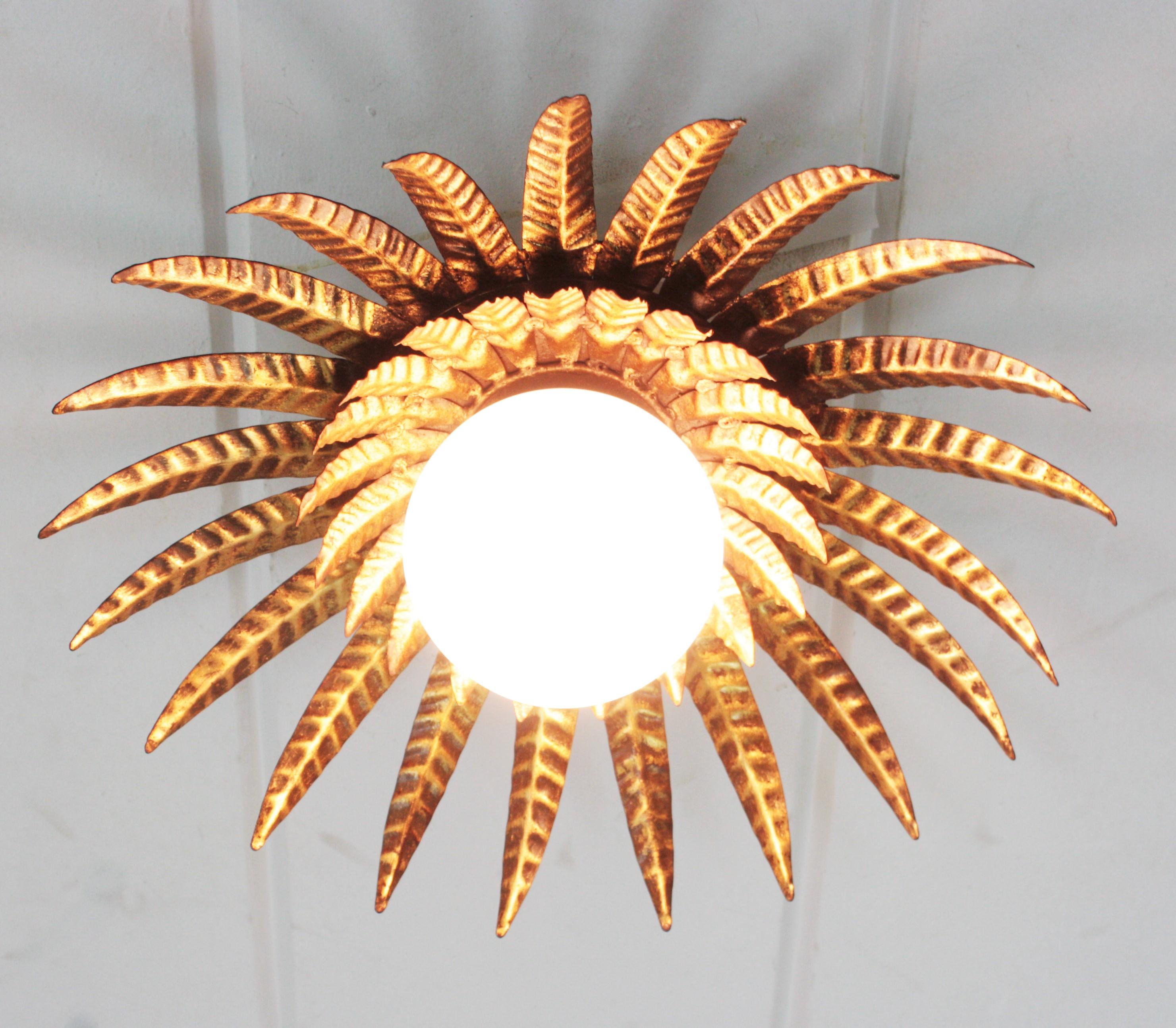Sunburst Ceiling Light Fixture in Gilt Iron with Milk Glass Globe 3