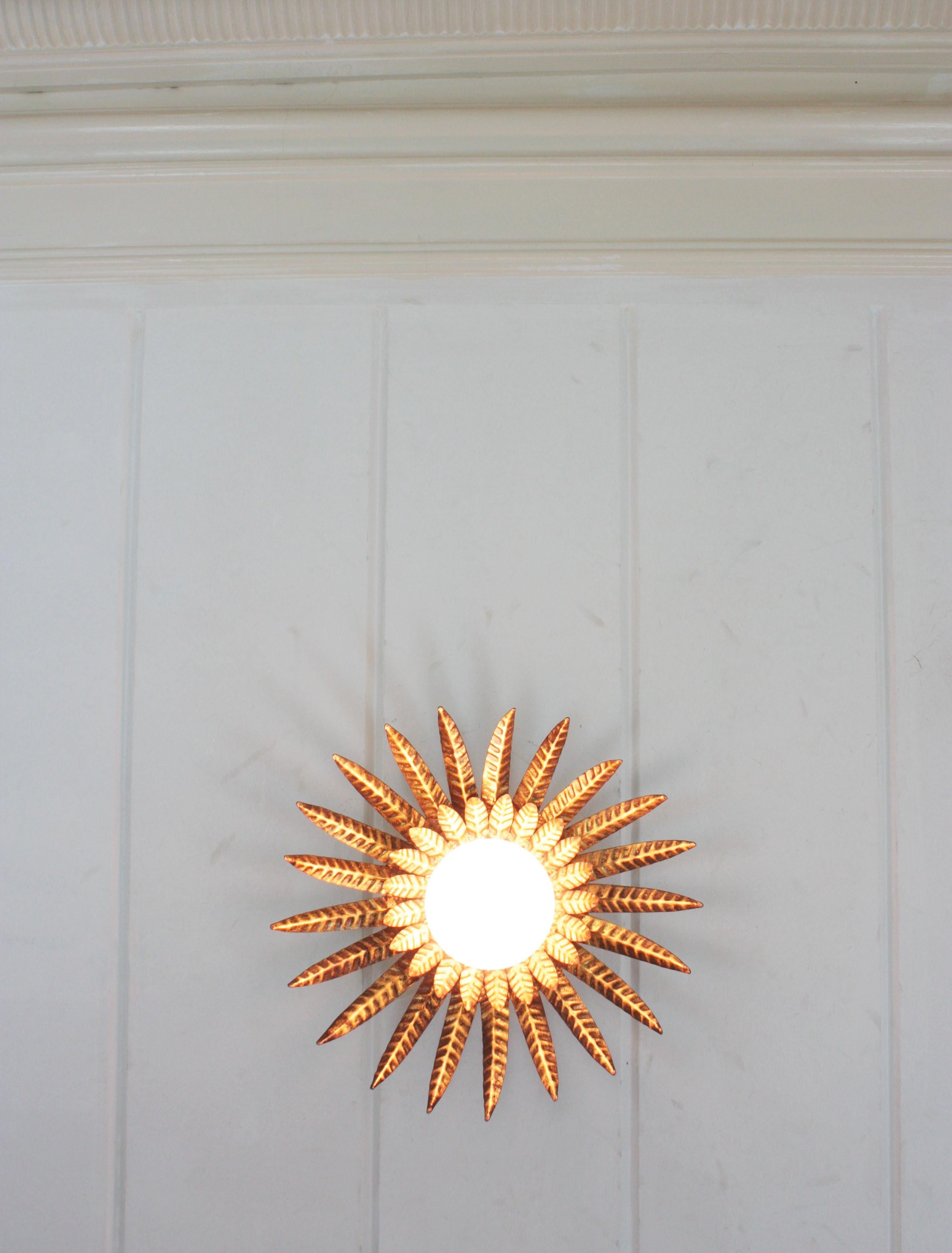 Sunburst Ceiling Light Fixture in Gilt Iron with Milk Glass Globe 5
