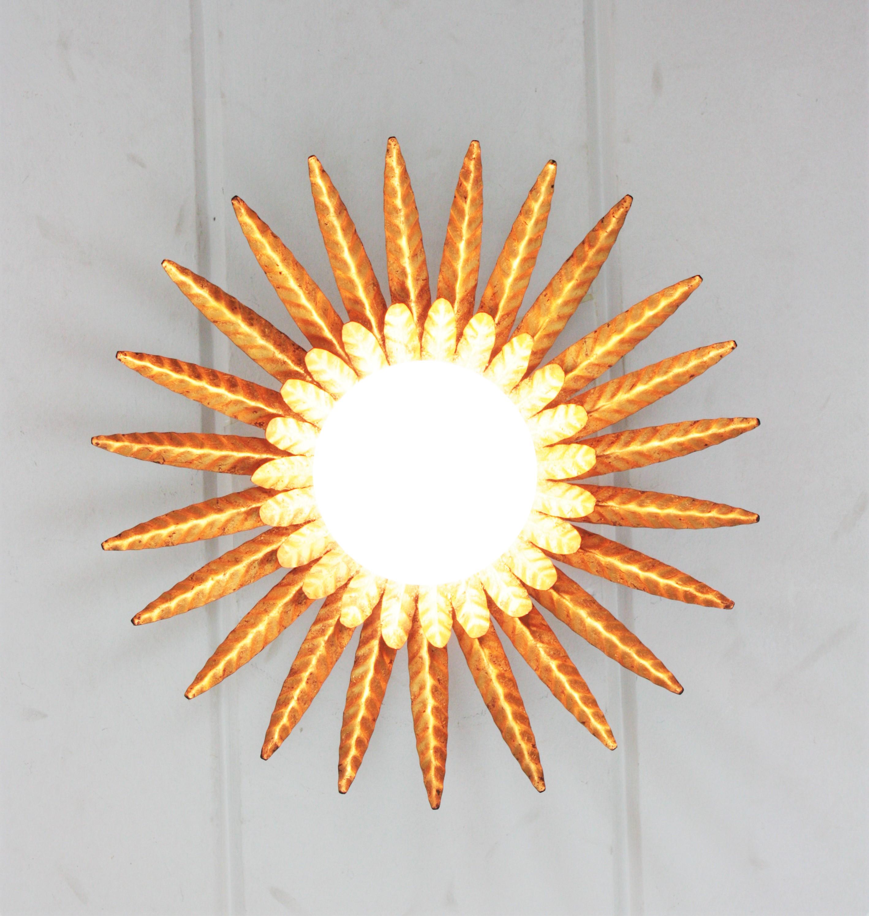 Sunburst Ceiling Light Fixture in Gilt Iron with Milk Glass Globe  For Sale 7