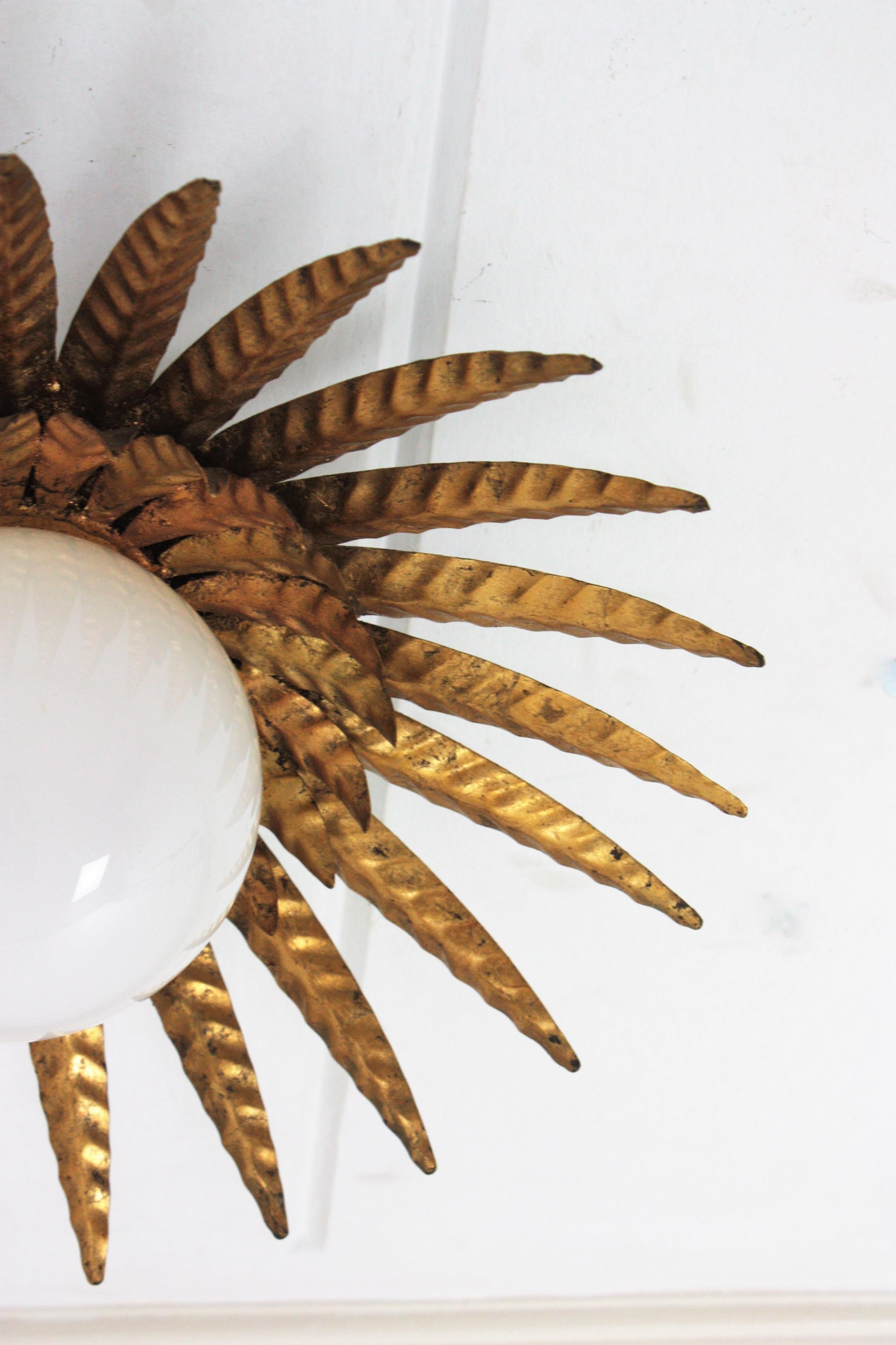 Sunburst Ceiling Light Fixture in Gilt Iron with Milk Glass Globe  For Sale 9
