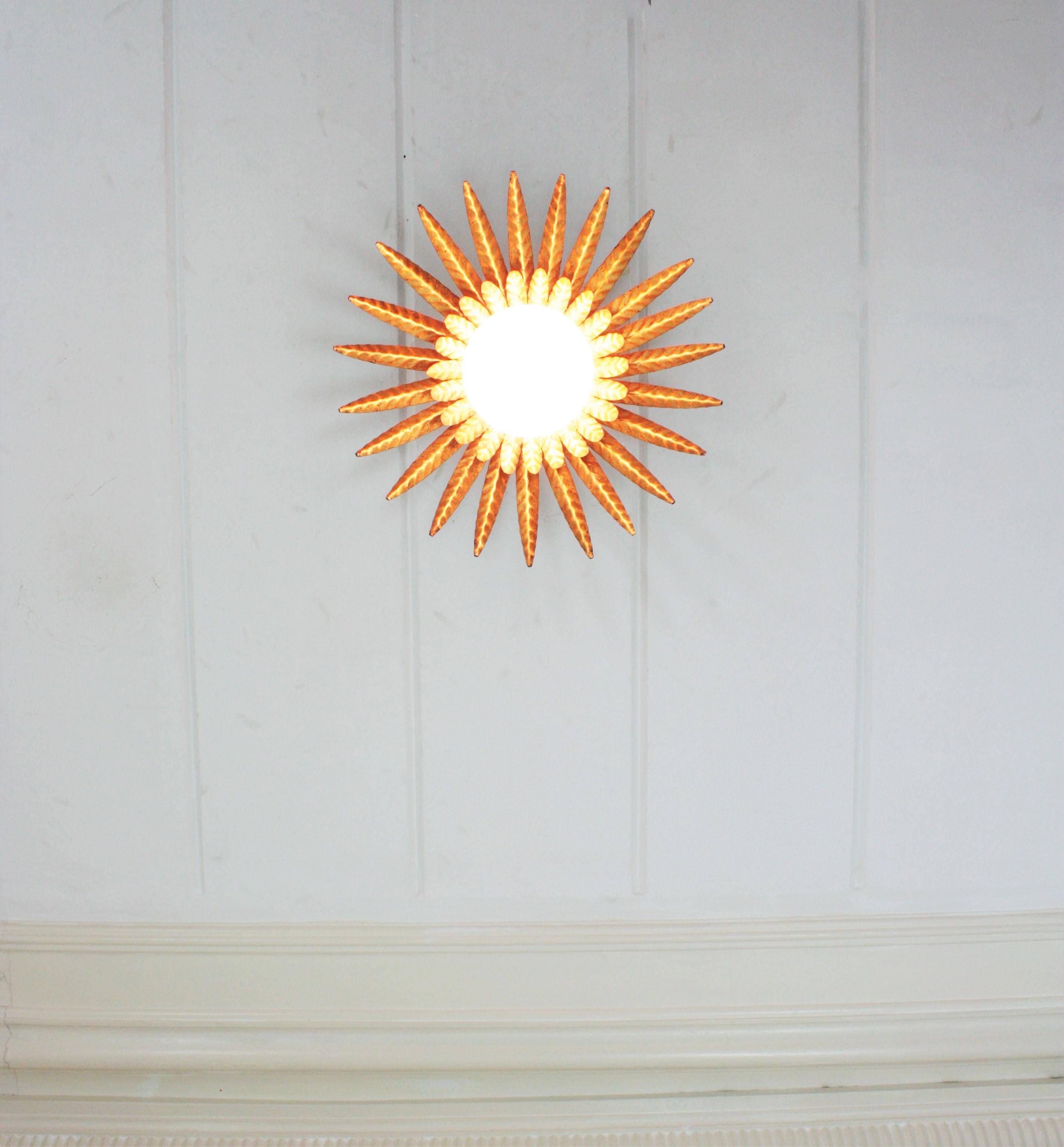 Sunburst Ceiling Light Fixture in Gilt Iron with Milk Glass Globe  For Sale 10