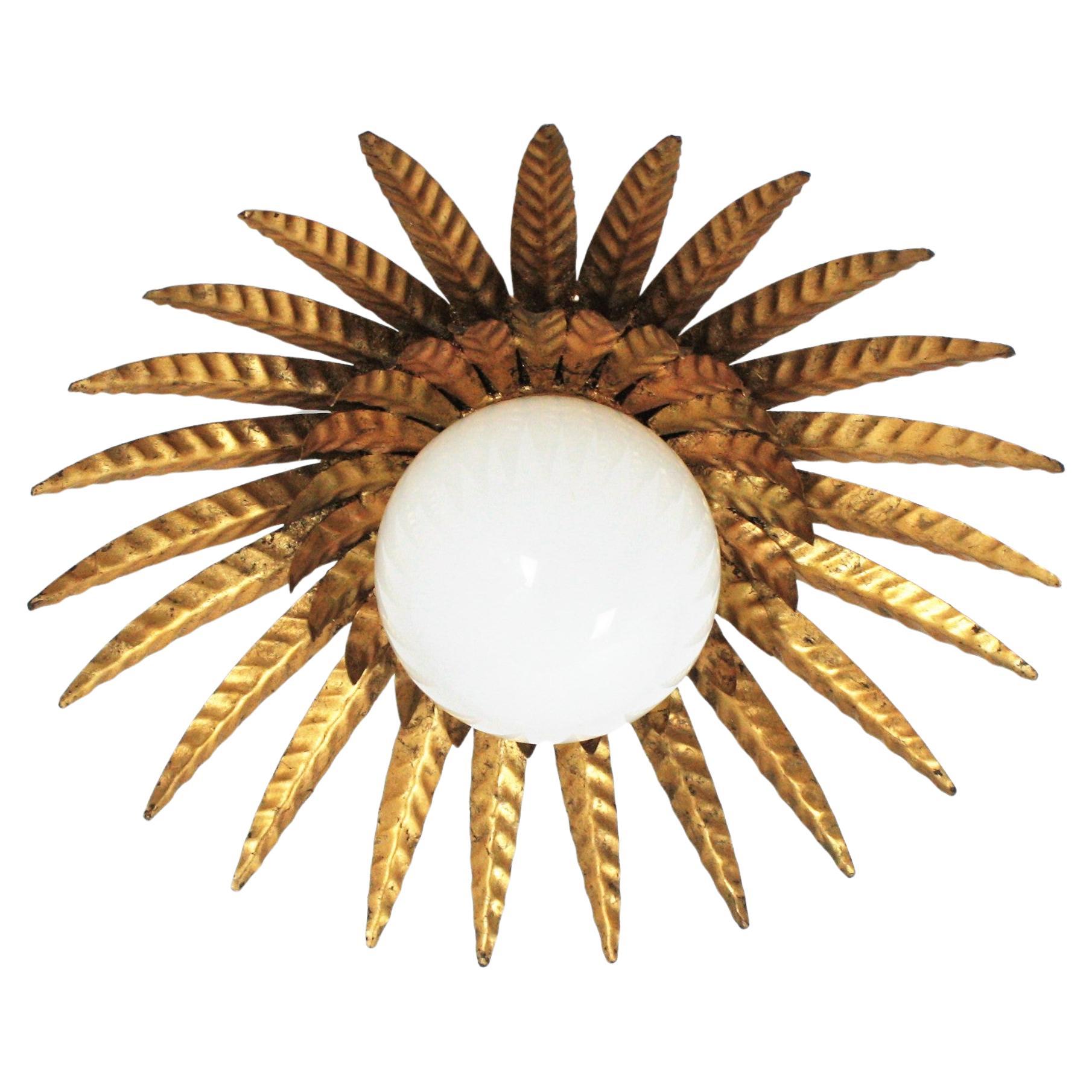 Sunburst Ceiling Light Fixture in Gilt Iron with Milk Glass Globe 