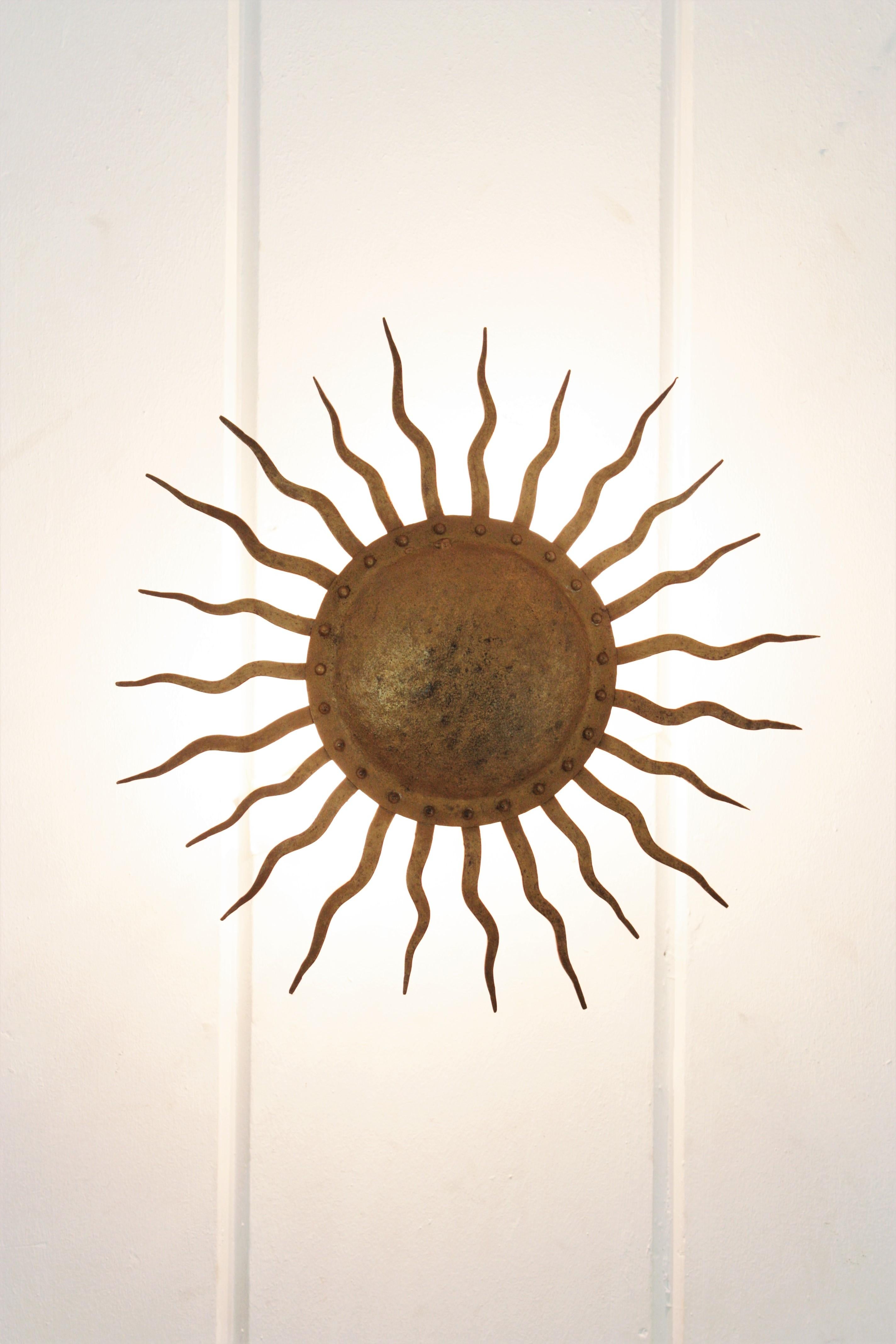 Sunburst Ceiling Light Fixture in Gilt Wrought Iron, France, 1950s 2