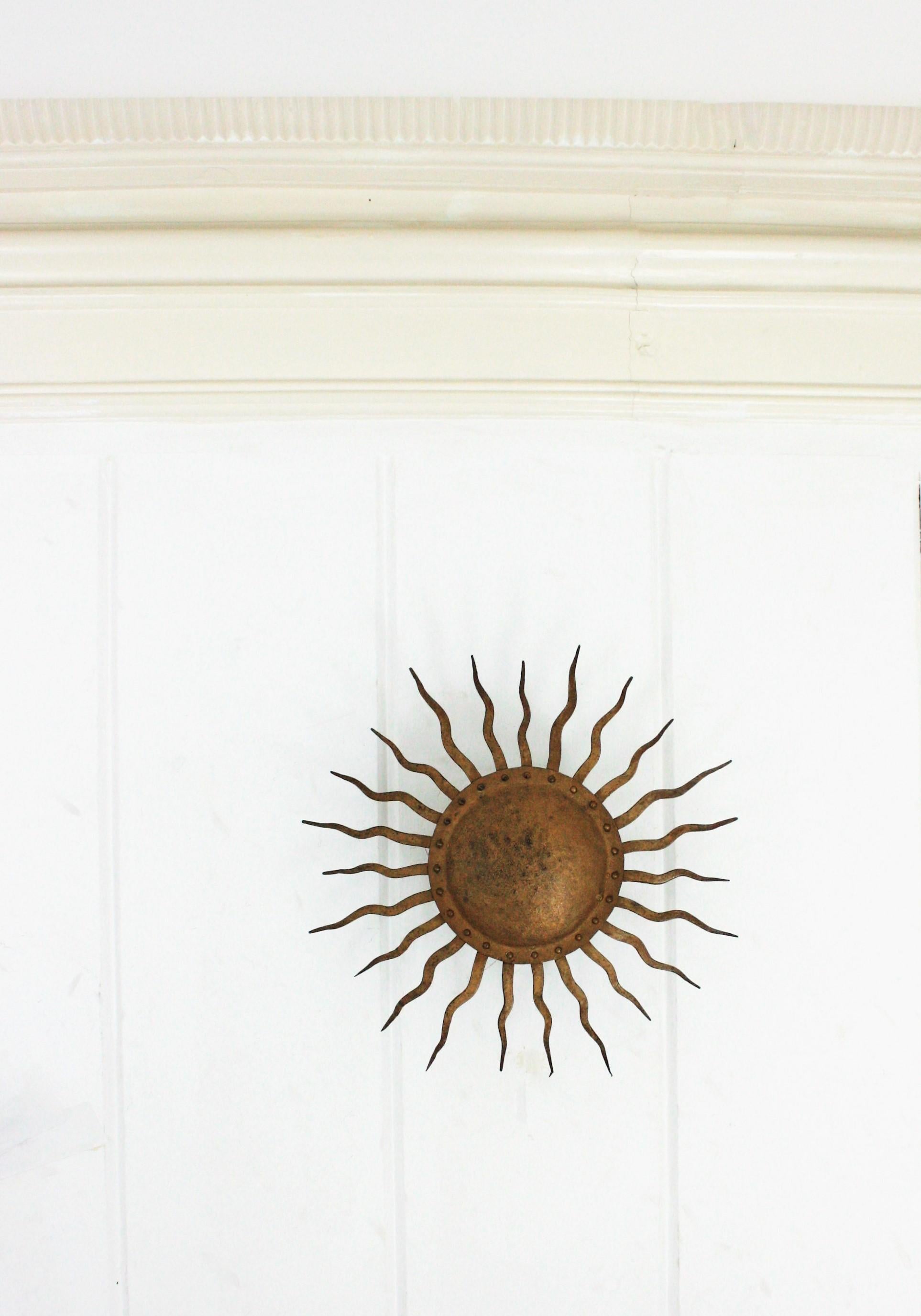 Sunburst Ceiling Light Fixture in Gilt Wrought Iron, France, 1950s 3