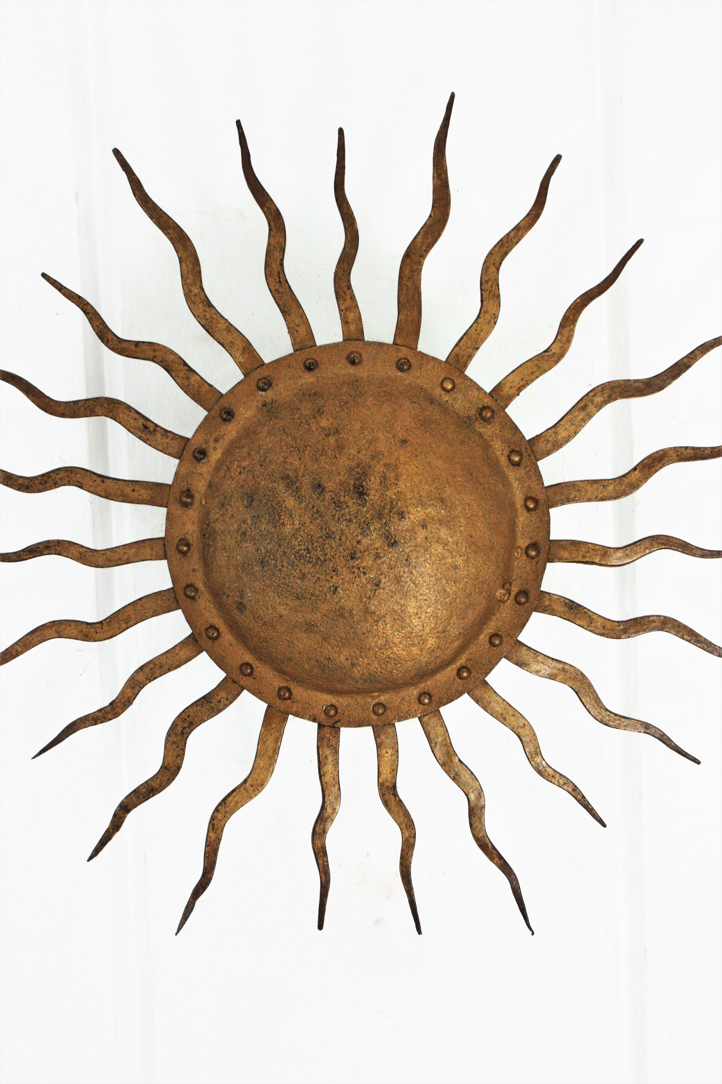 Sunburst Ceiling Light Fixture in Gilt Wrought Iron, France, 1950s 4