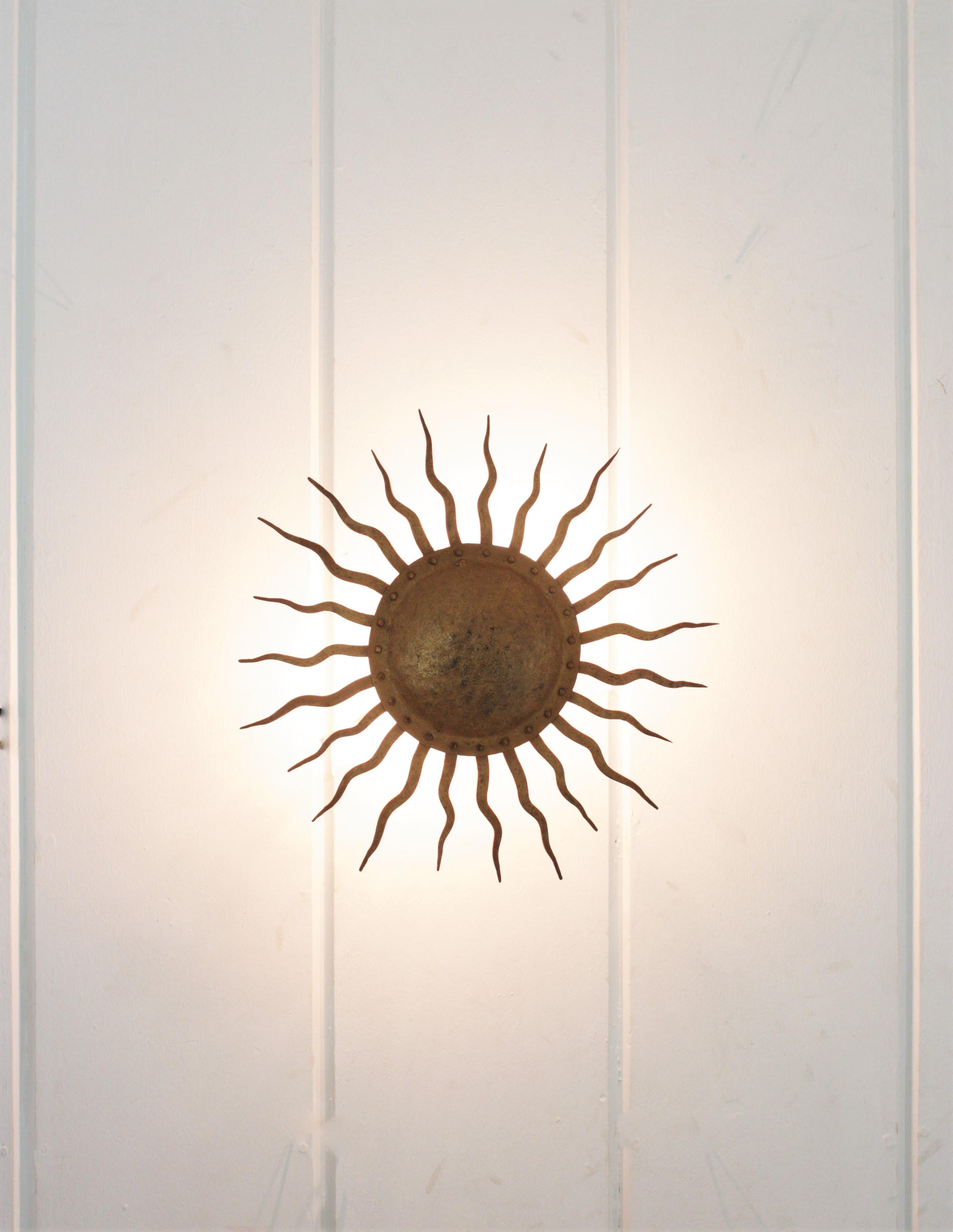 Sunburst Ceiling Light Fixture in Gilt Wrought Iron, France, 1950s 5