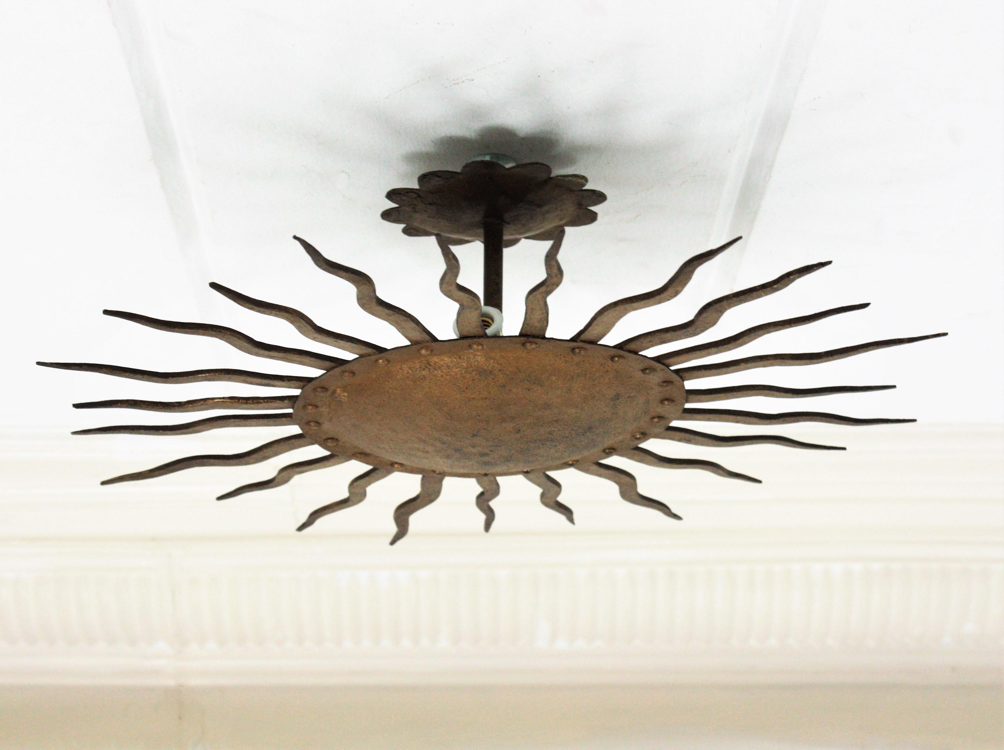 Sunburst Ceiling Light Fixture in Gilt Wrought Iron, France, 1950s 6