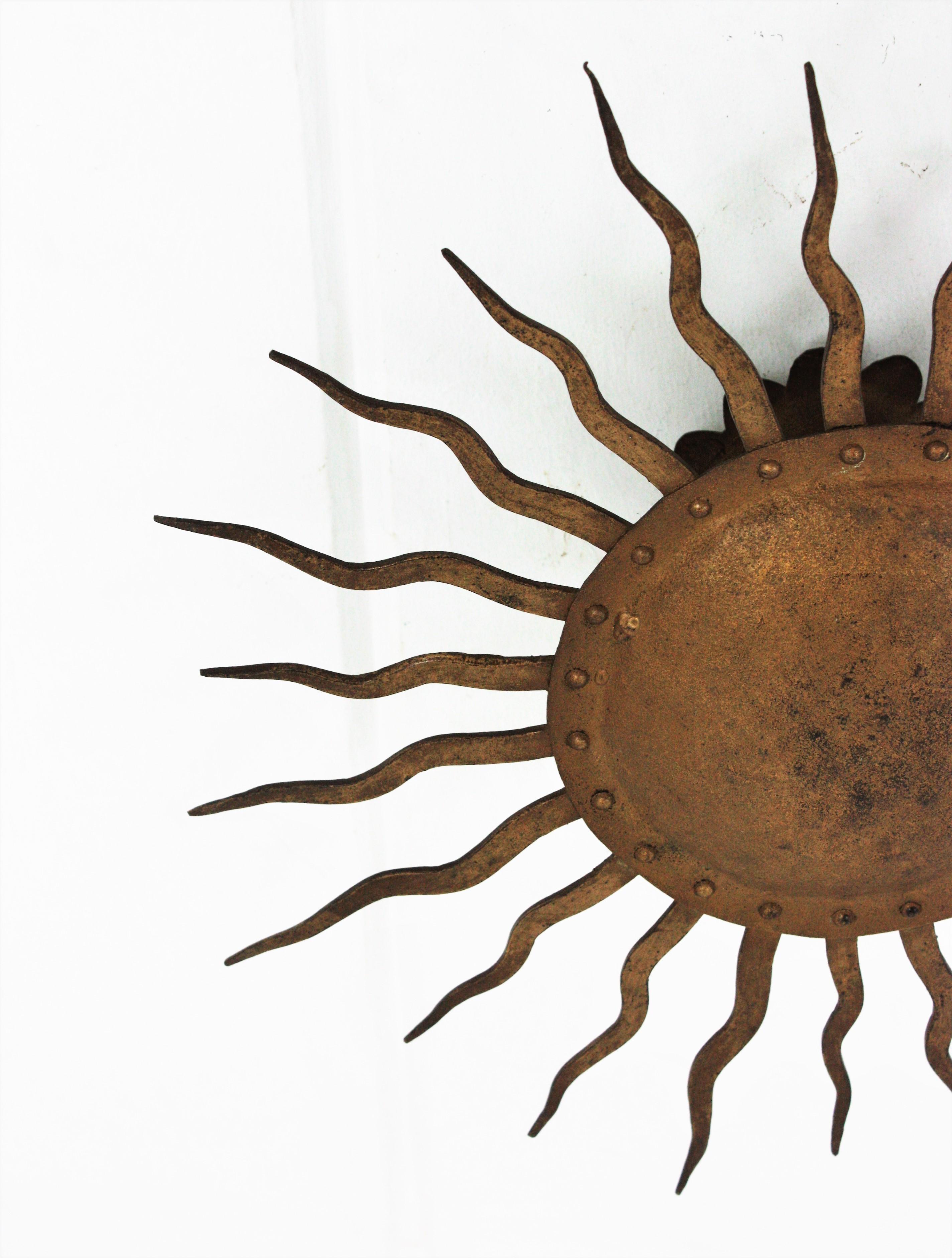 Sunburst Ceiling Light Fixture in Gilt Wrought Iron, France, 1950s 7