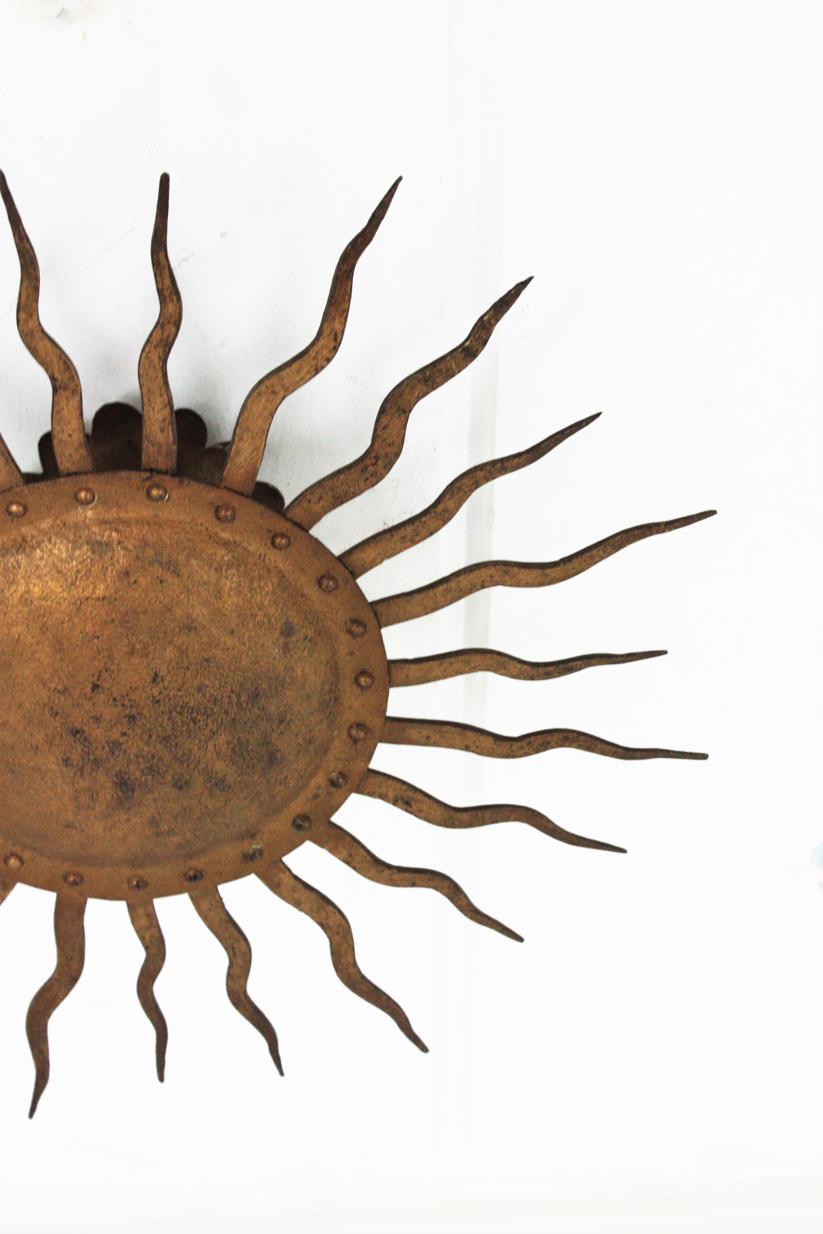 Sunburst Ceiling Light Fixture in Gilt Wrought Iron, France, 1950s 8