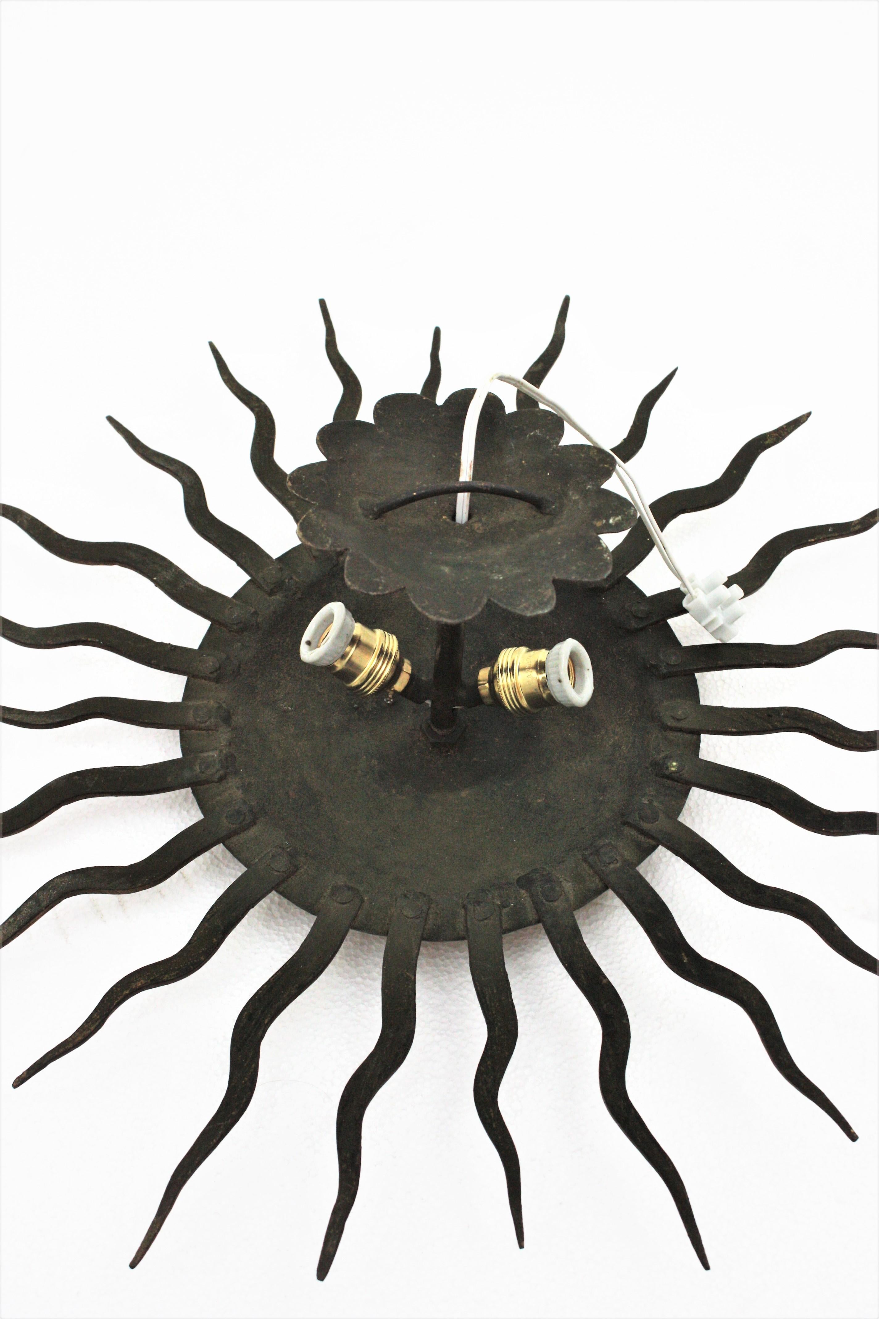 Sunburst Ceiling Light Fixture in Gilt Wrought Iron, France, 1950s 9