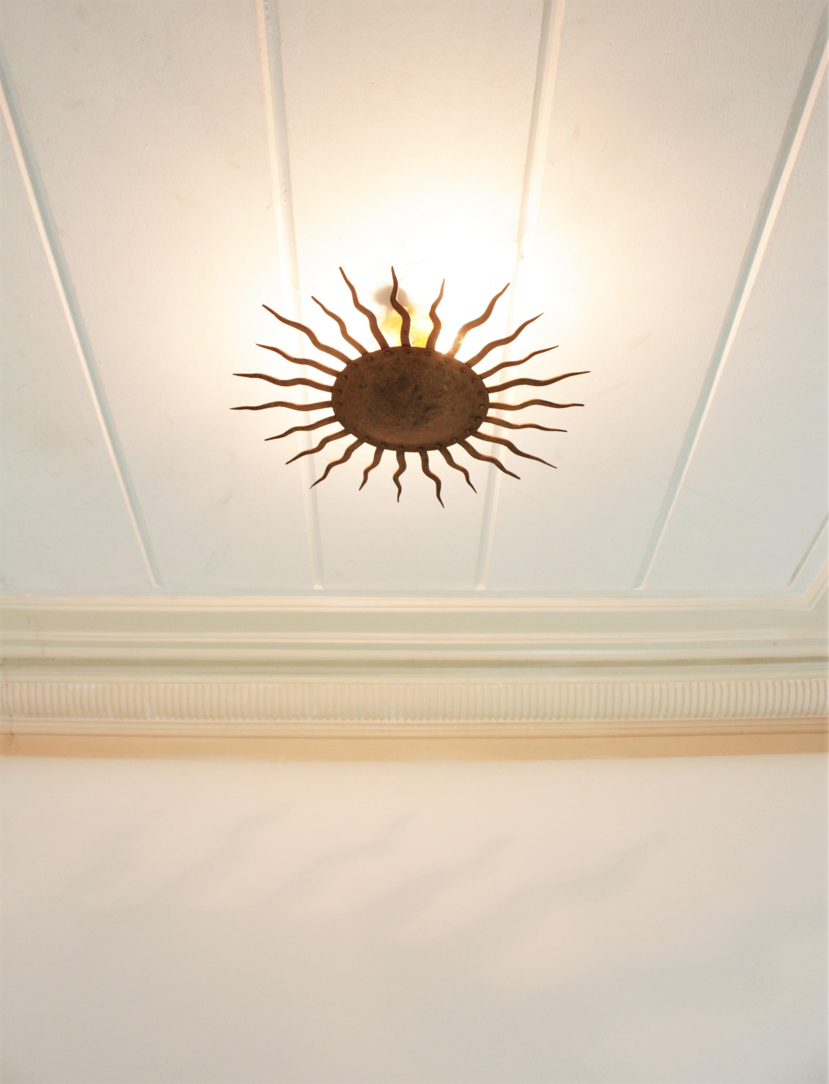 Brutalist Sunburst Ceiling Light Fixture in Gilt Wrought Iron, France, 1950s