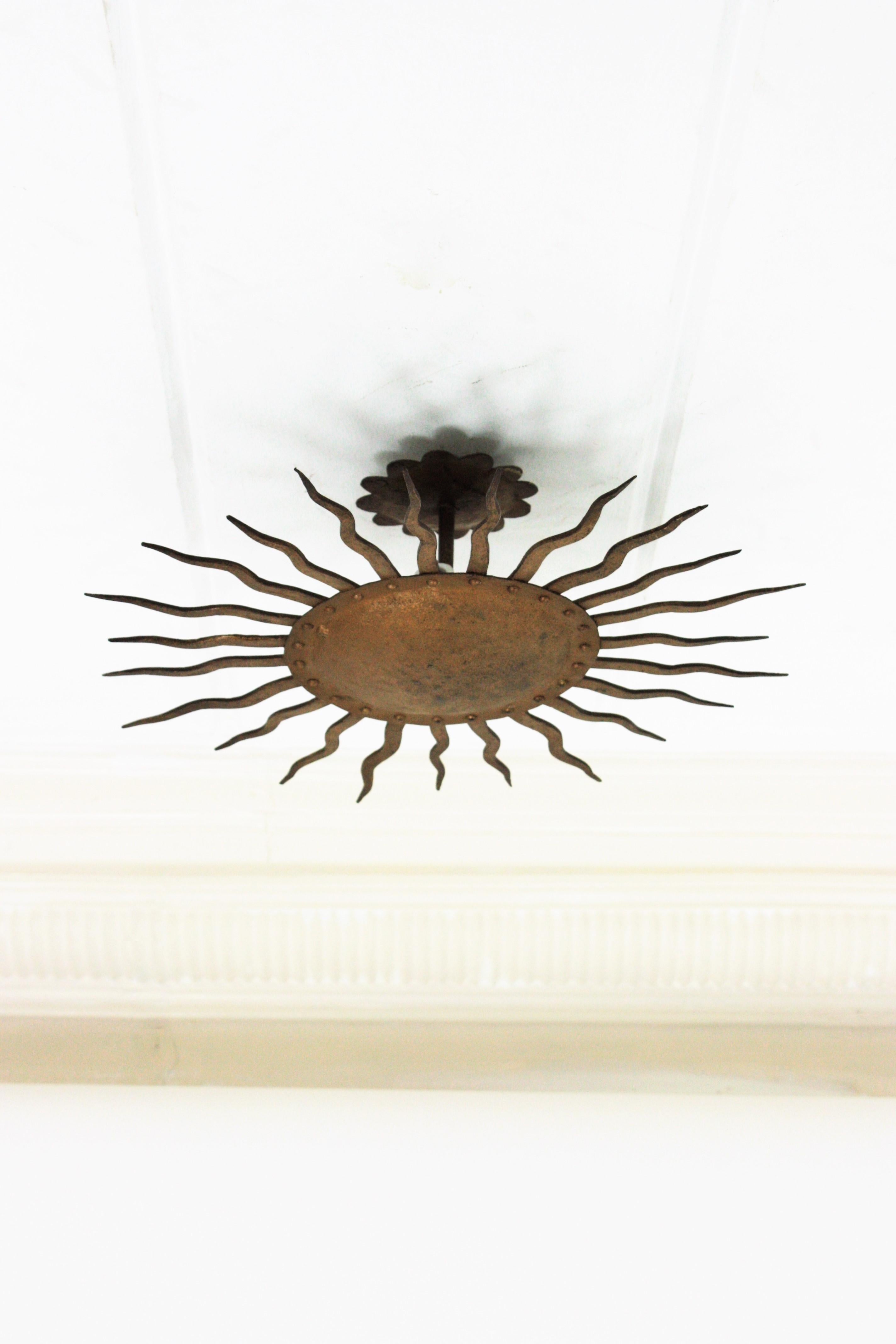 20th Century Sunburst Ceiling Light Fixture in Gilt Wrought Iron, France, 1950s