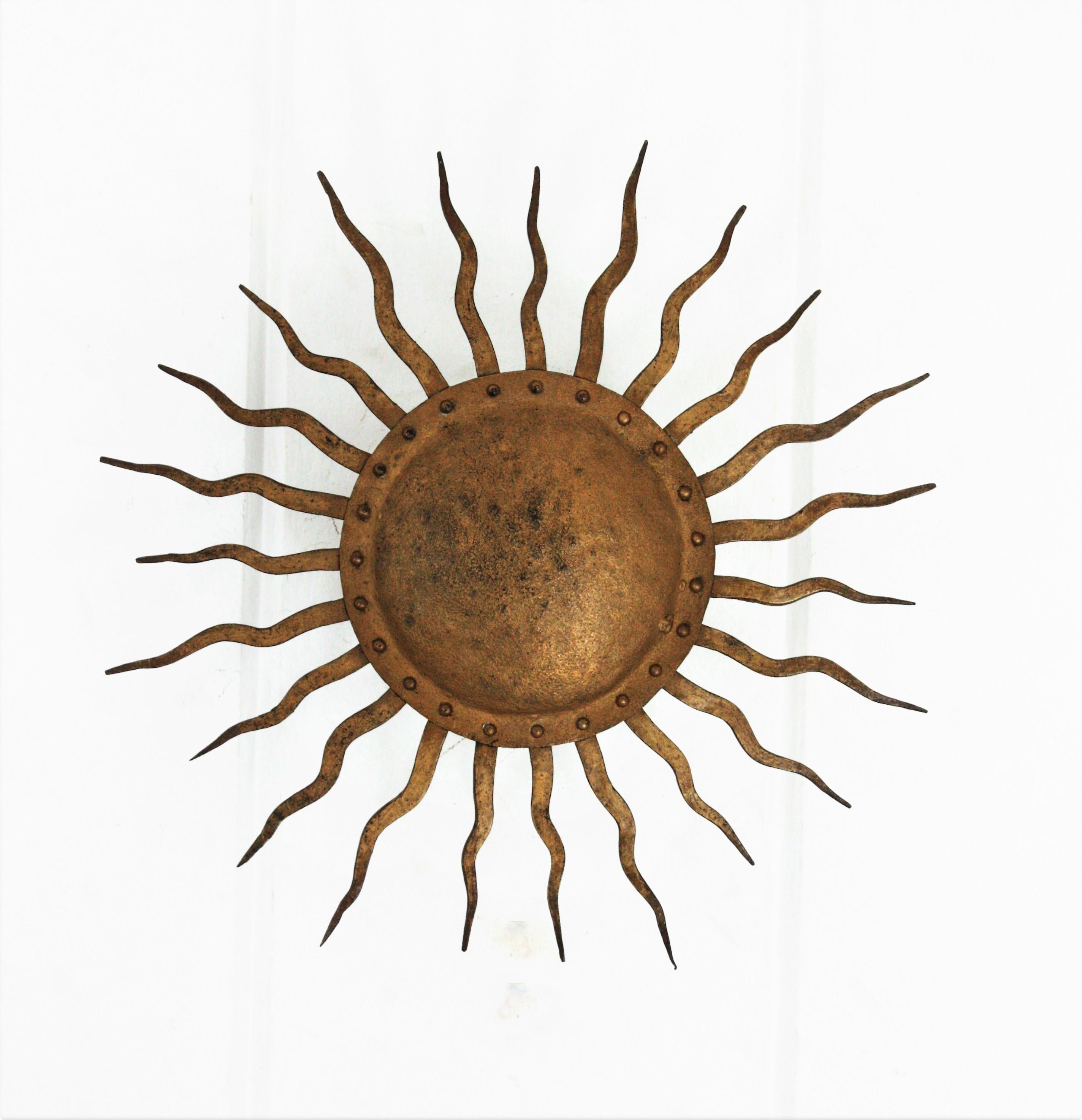 Sunburst Ceiling Light Fixture in Gilt Wrought Iron, France, 1950s 1
