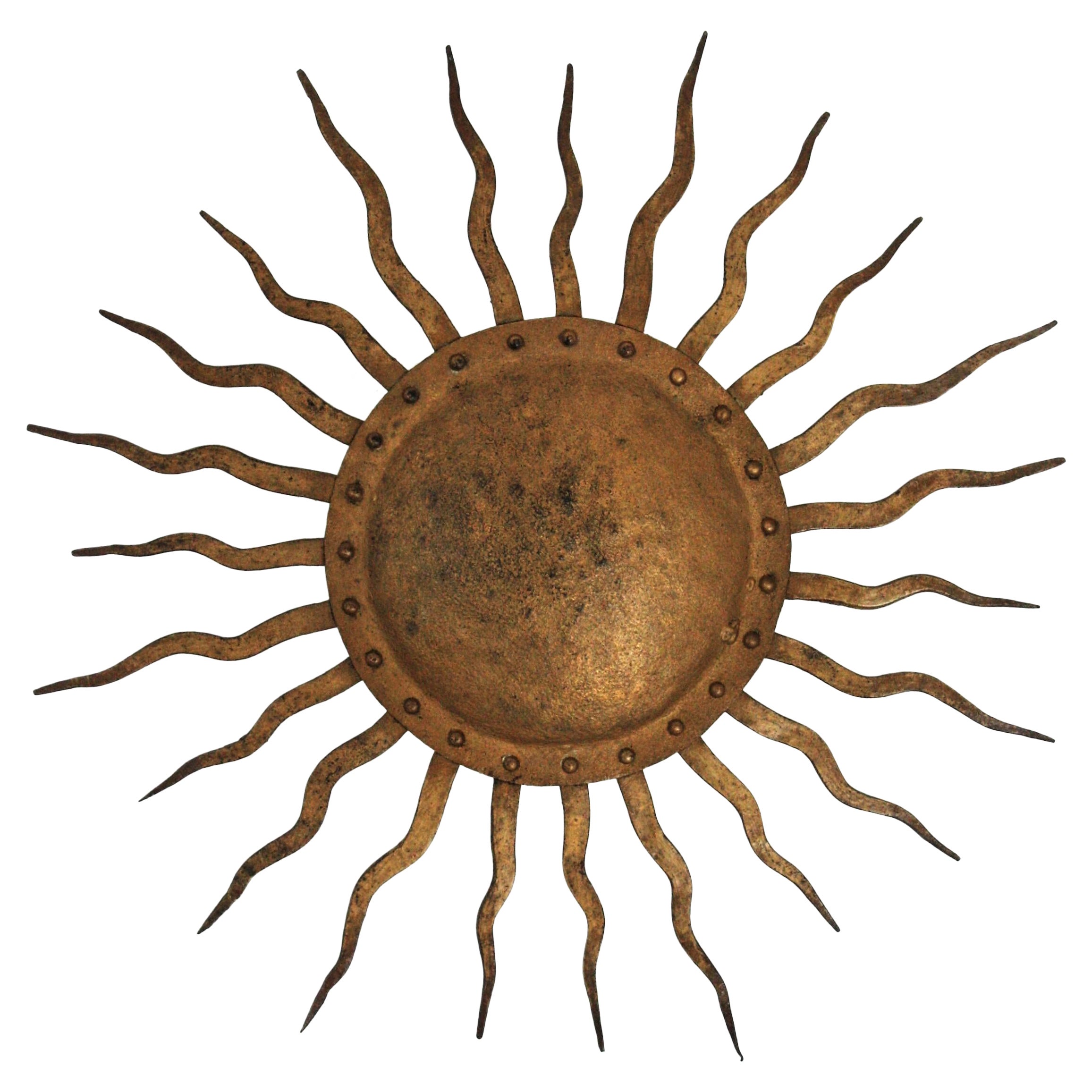 Sunburst Ceiling Light Fixture in Gilt Wrought Iron, France, 1950s