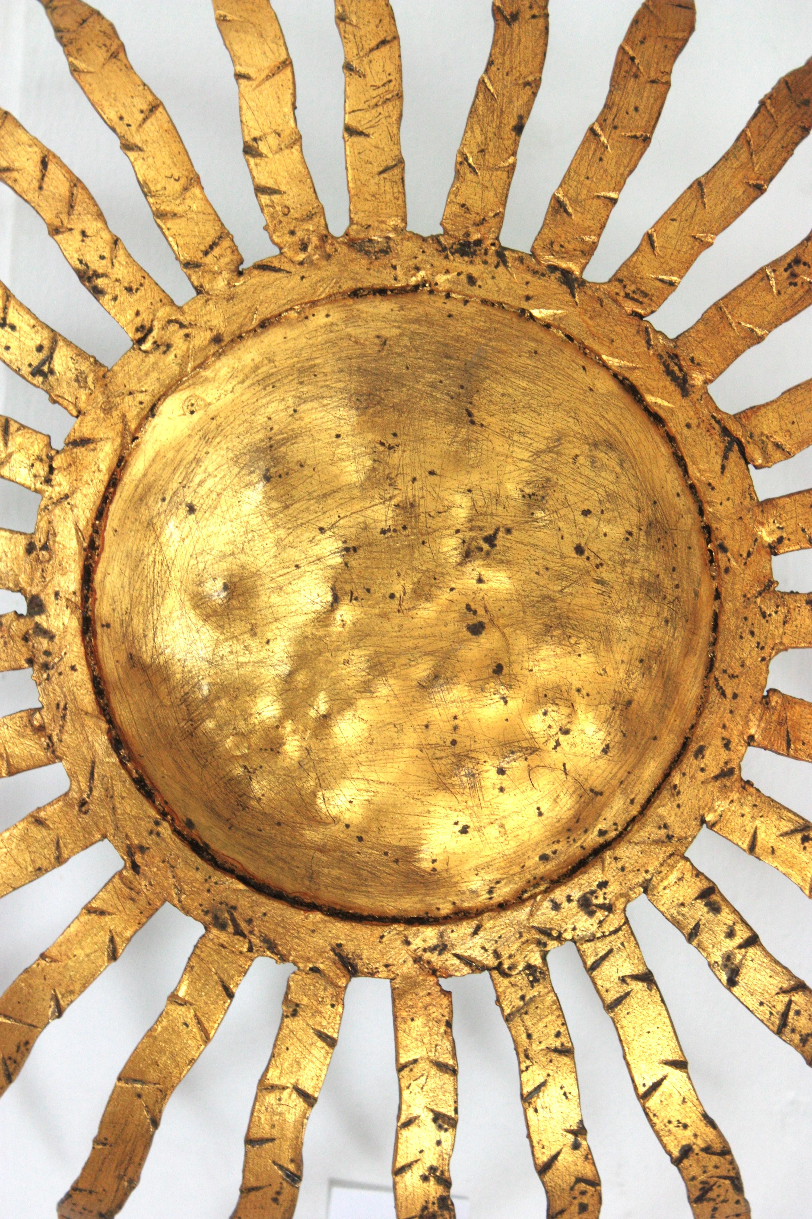 Sunburst Ceiling Light Fixture in Gilt Wrought Iron, Spain 1950s For Sale 5