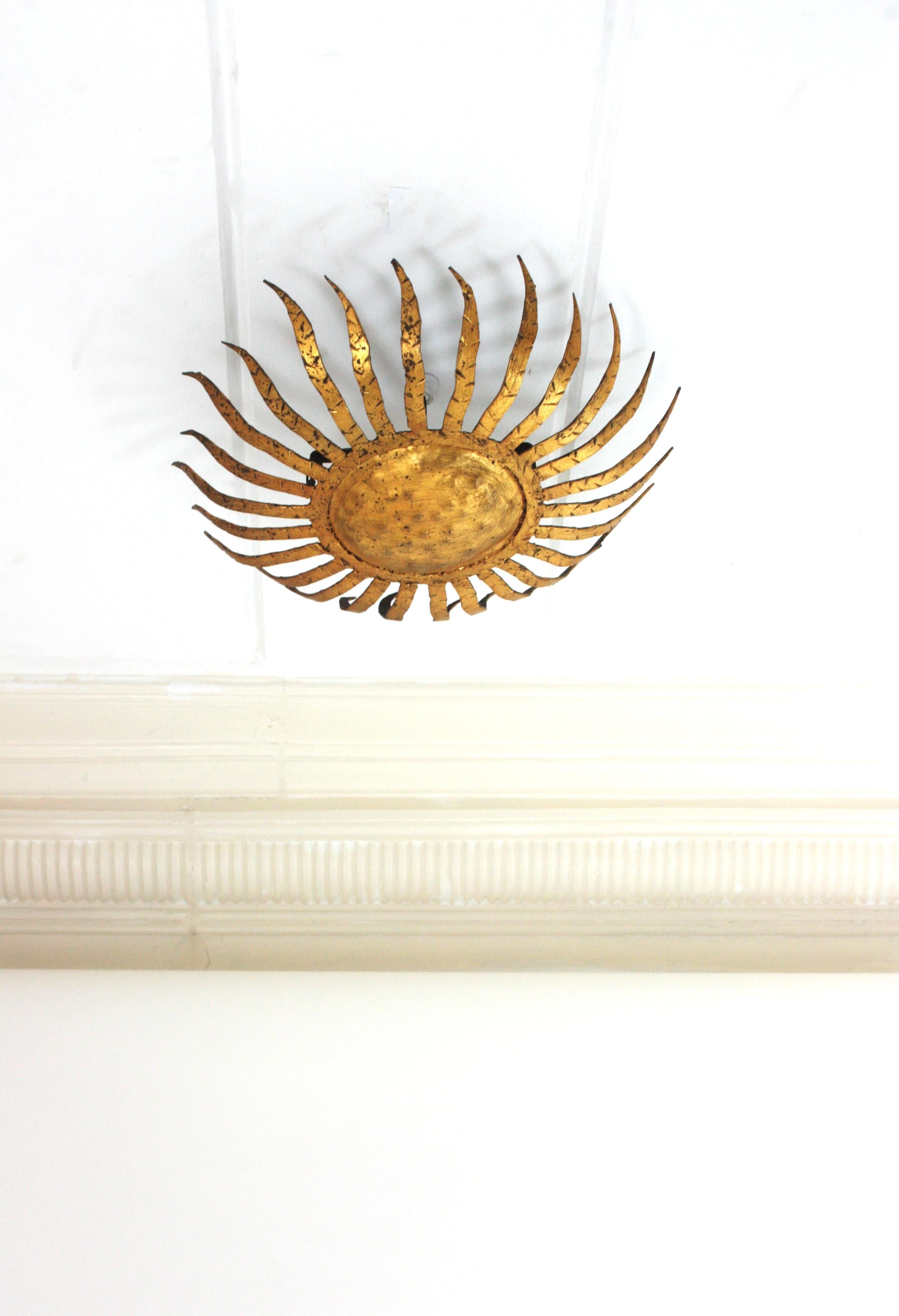 Sunburst Ceiling Light Fixture in Gilt Wrought Iron, Spain 1950s For Sale 6