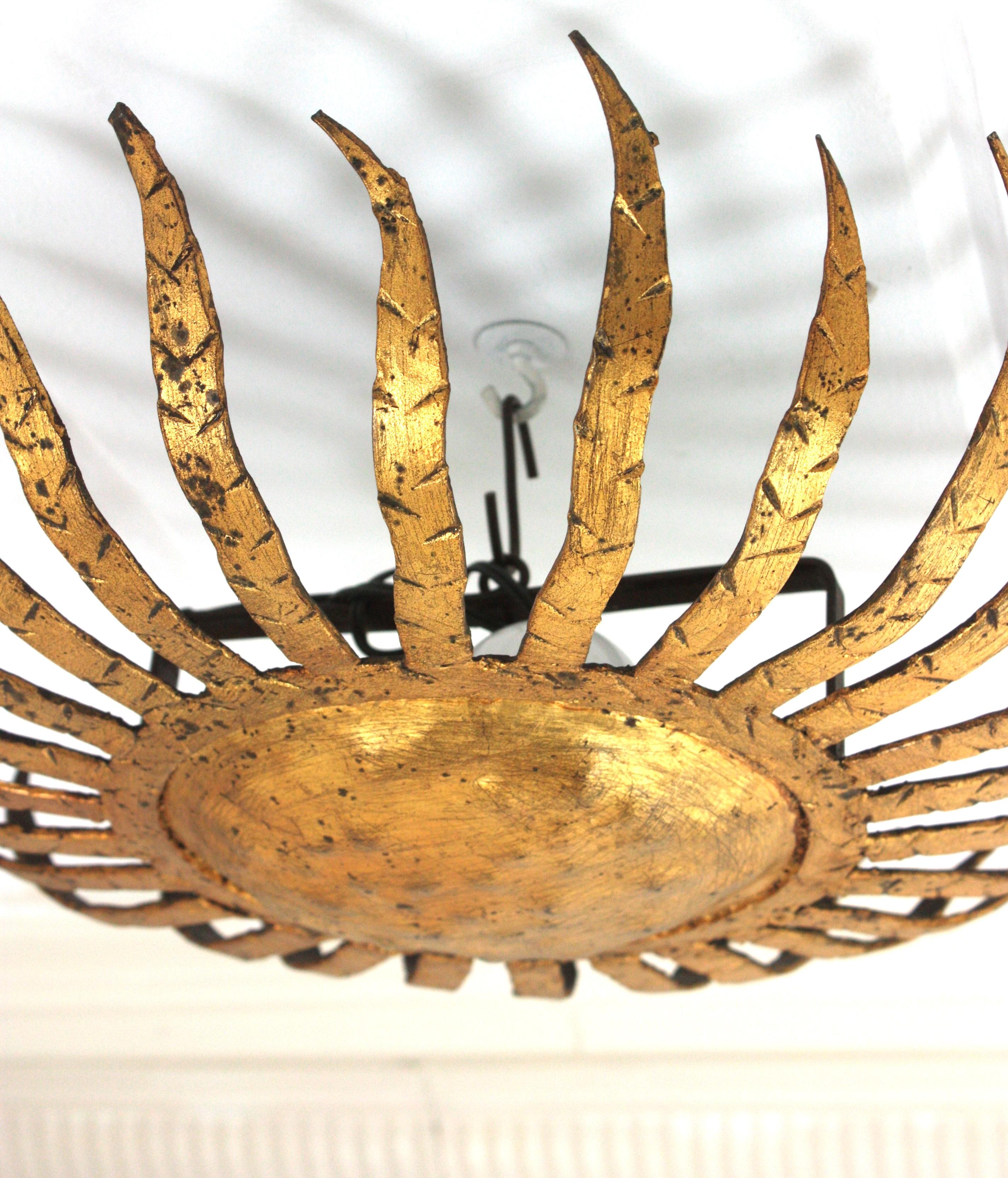 Sunburst Ceiling Light Fixture in Gilt Wrought Iron, Spain 1950s For Sale 8