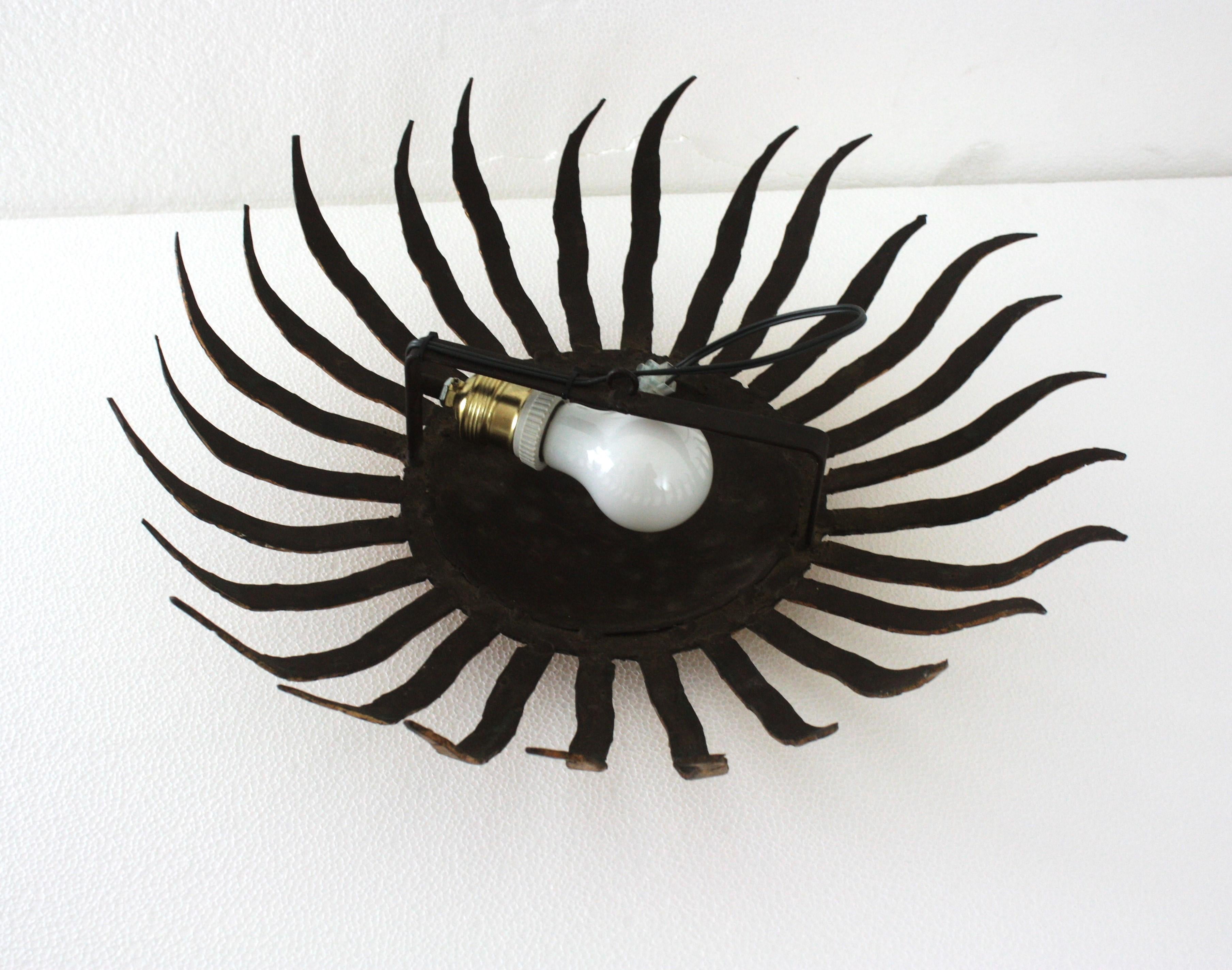 Sunburst Ceiling Light Fixture in Gilt Wrought Iron, Spain 1950s For Sale 12