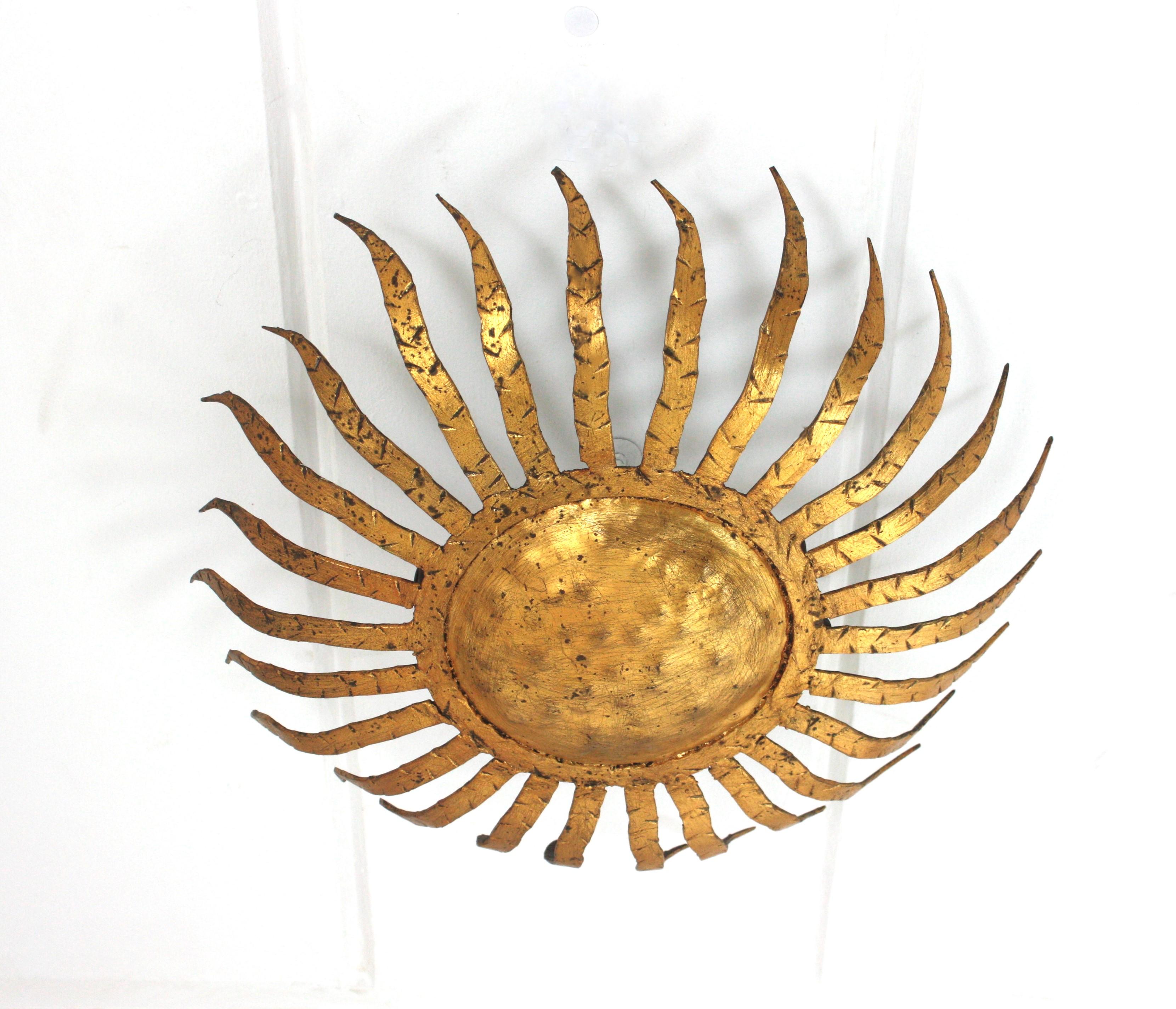 Mid-Century Modern Sunburst Ceiling Light Fixture in Gilt Wrought Iron, Spain 1950s For Sale