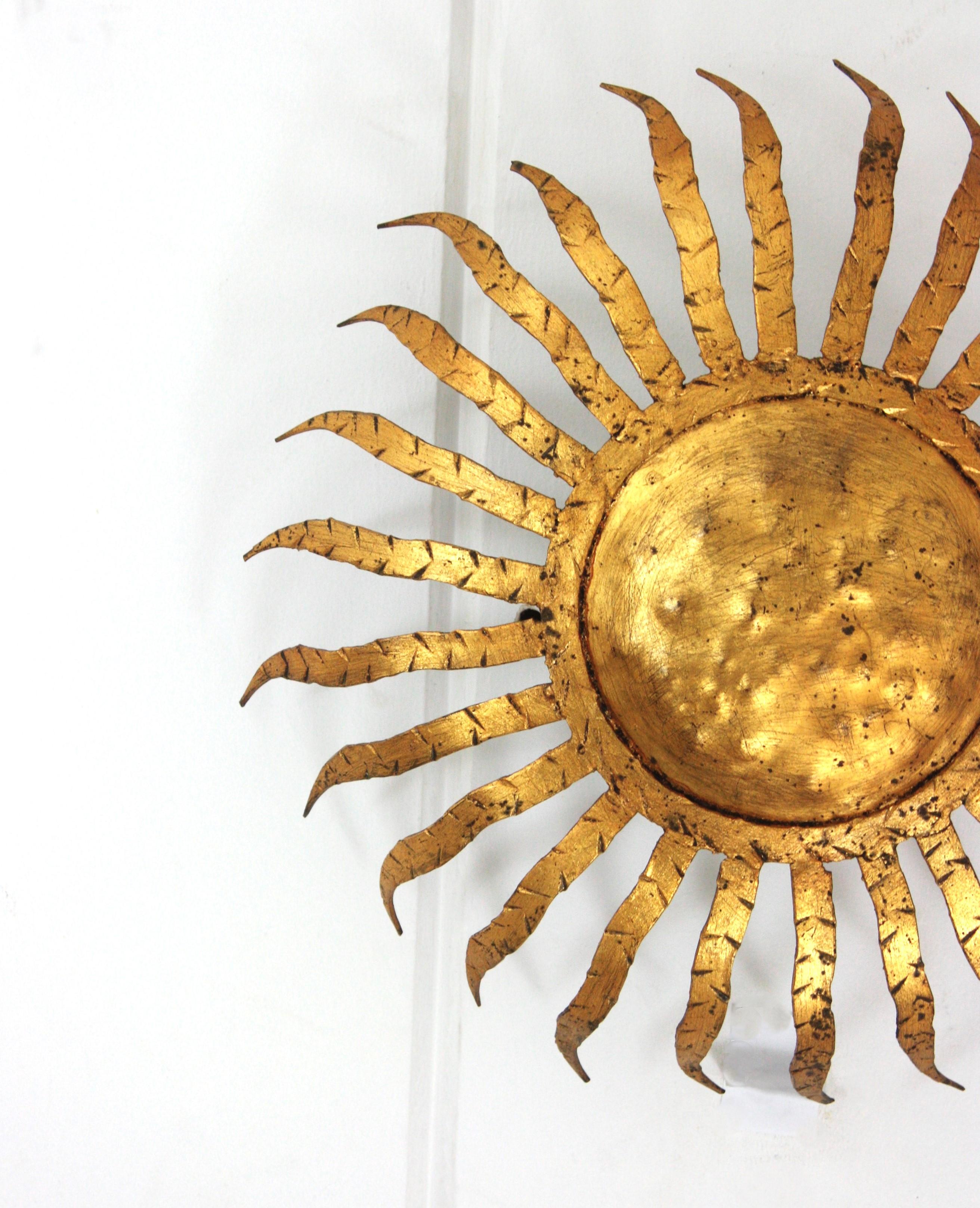 Sunburst Ceiling Light Fixture in Gilt Wrought Iron, Spain 1950s For Sale 2