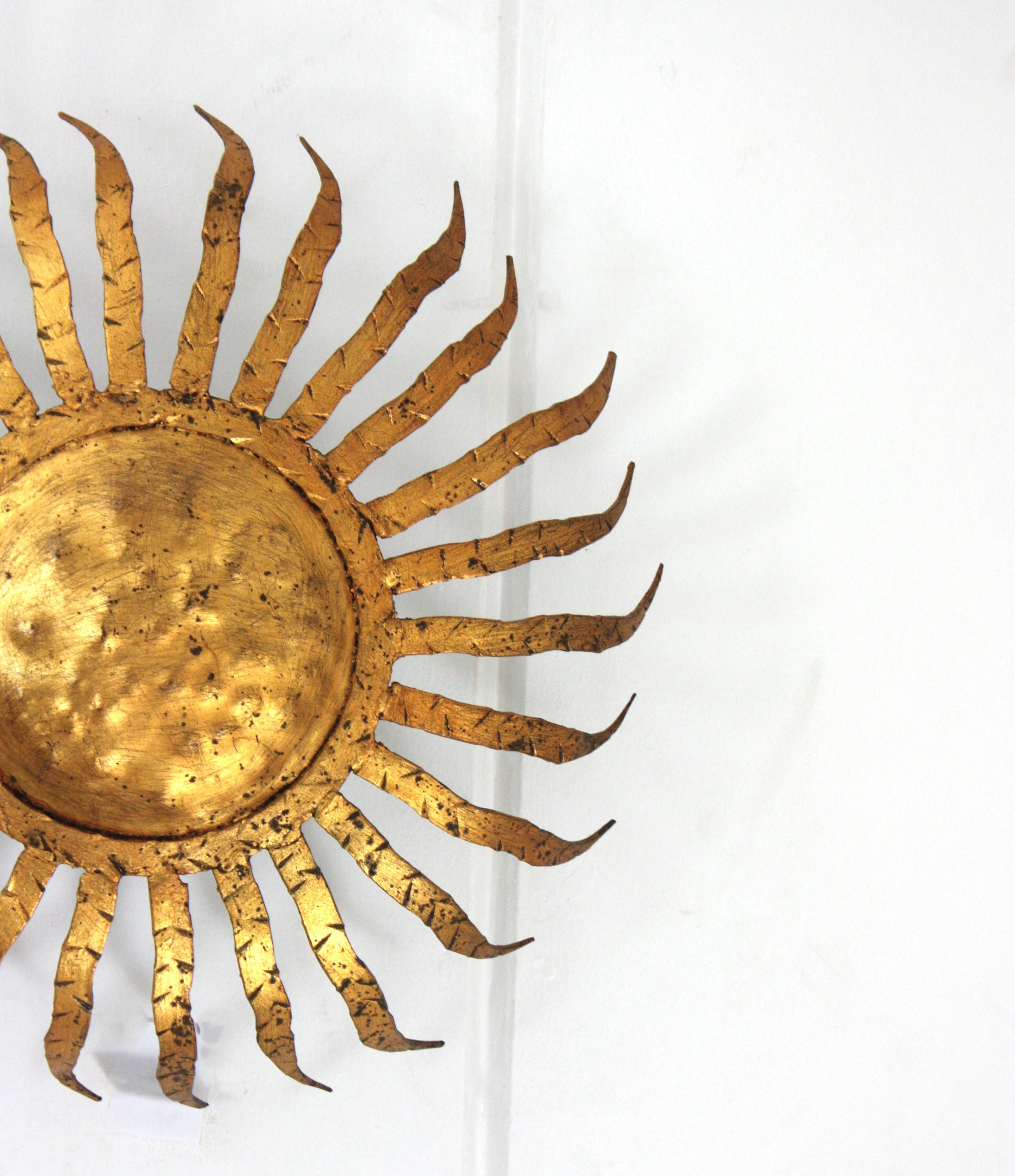 Sunburst Ceiling Light Fixture in Gilt Wrought Iron, Spain 1950s For Sale 3