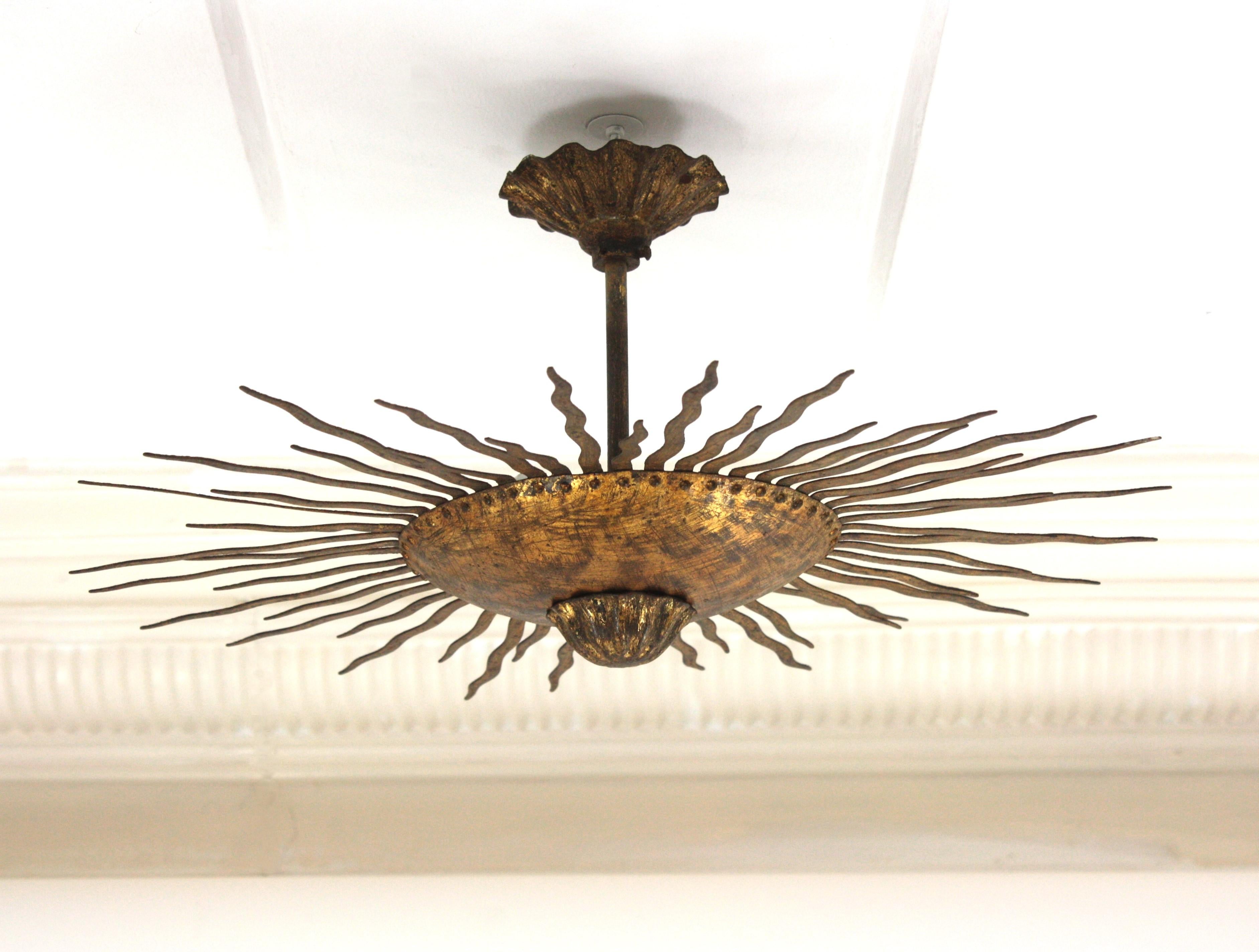 Sunburst Ceiling Light Fixture or Chandelier with Curly Rays, Gilt Iron For Sale 8