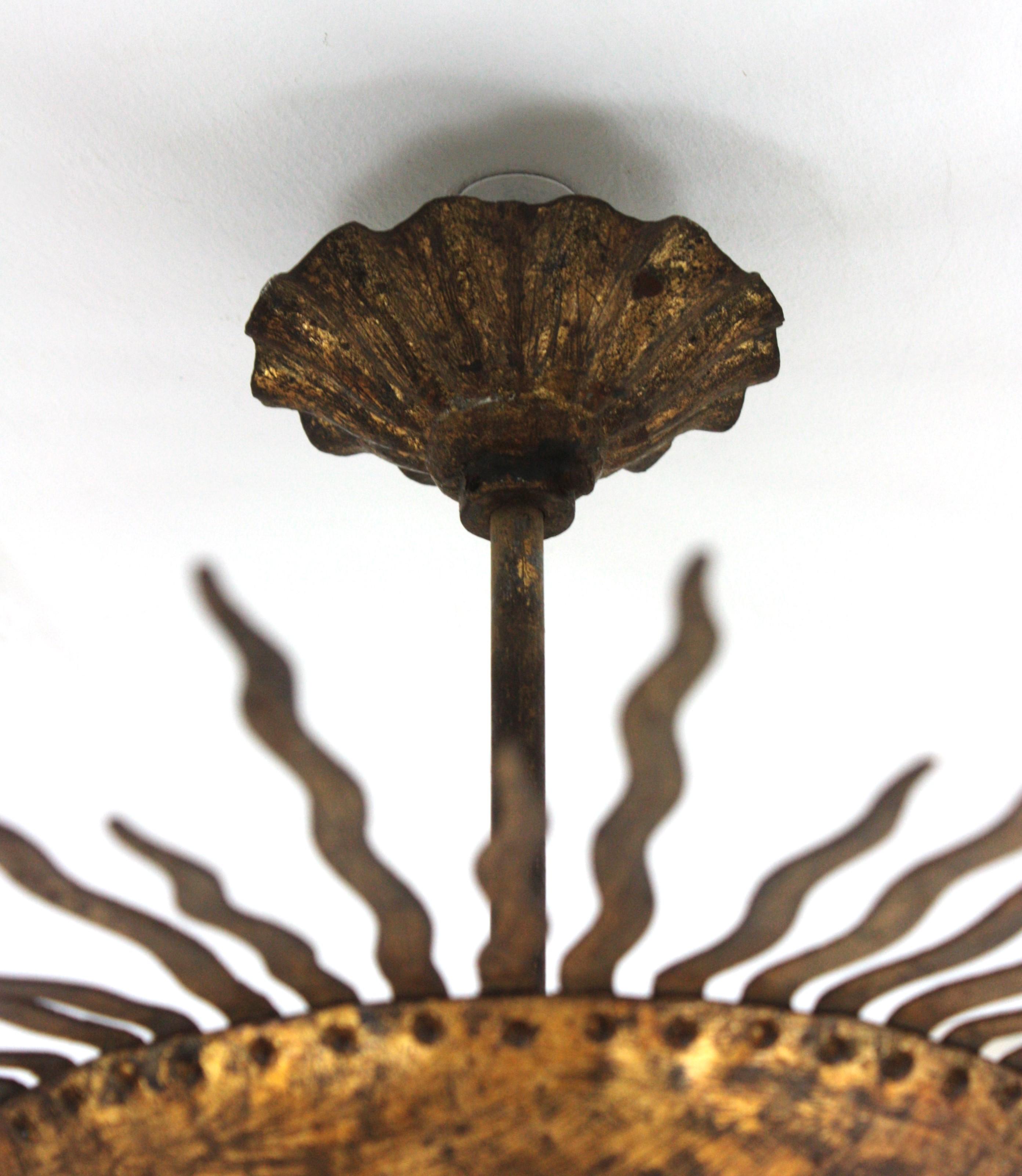 Sunburst Ceiling Light Fixture or Chandelier with Curly Rays, Gilt Iron For Sale 9