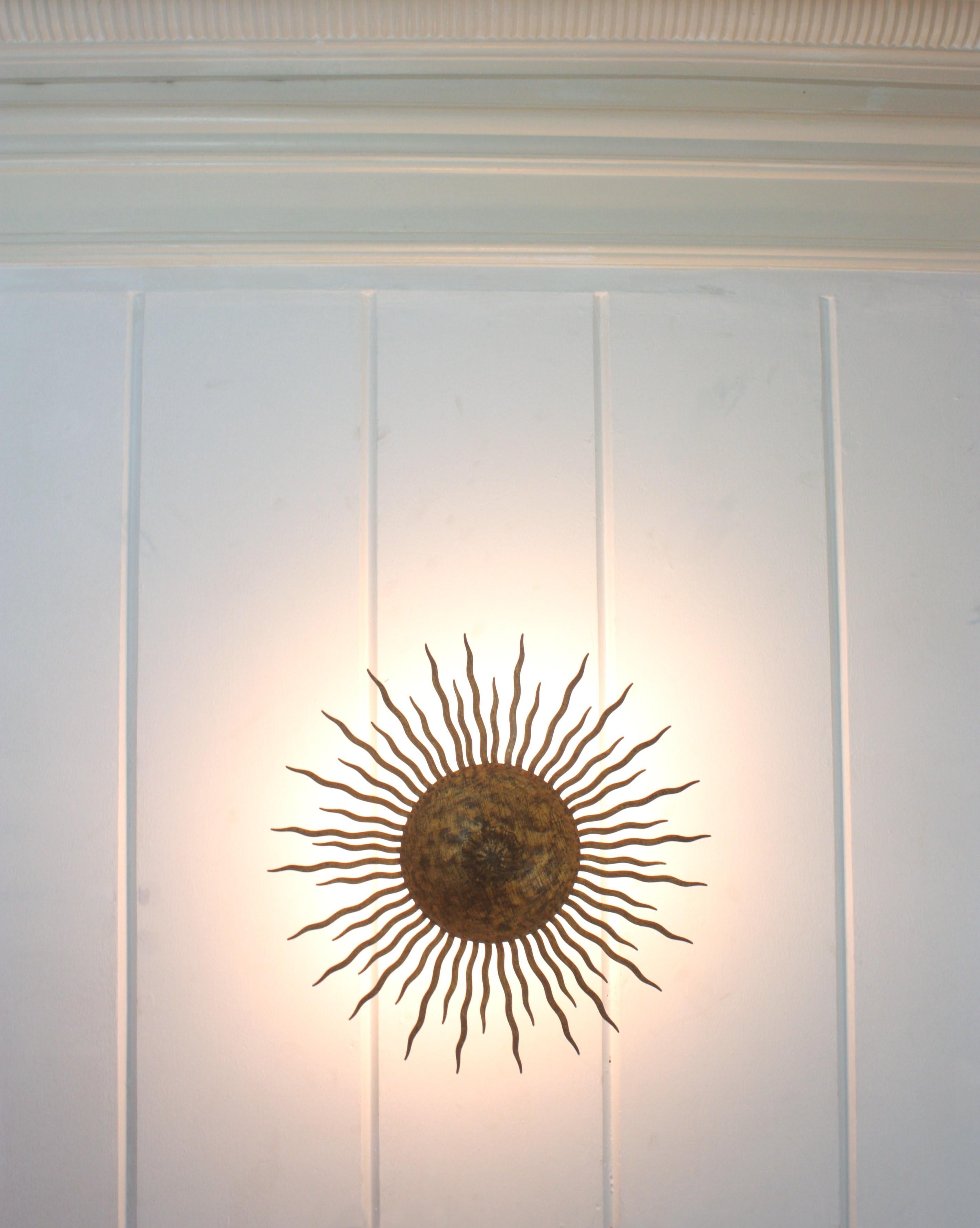 Sunburst Ceiling Light Fixture or Chandelier with Curly Rays, Gilt Iron For Sale 11