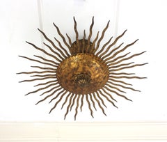 Sunburst Ceiling Light Fixture or Chandelier with Curly Rays, Gilt Wrought Iron