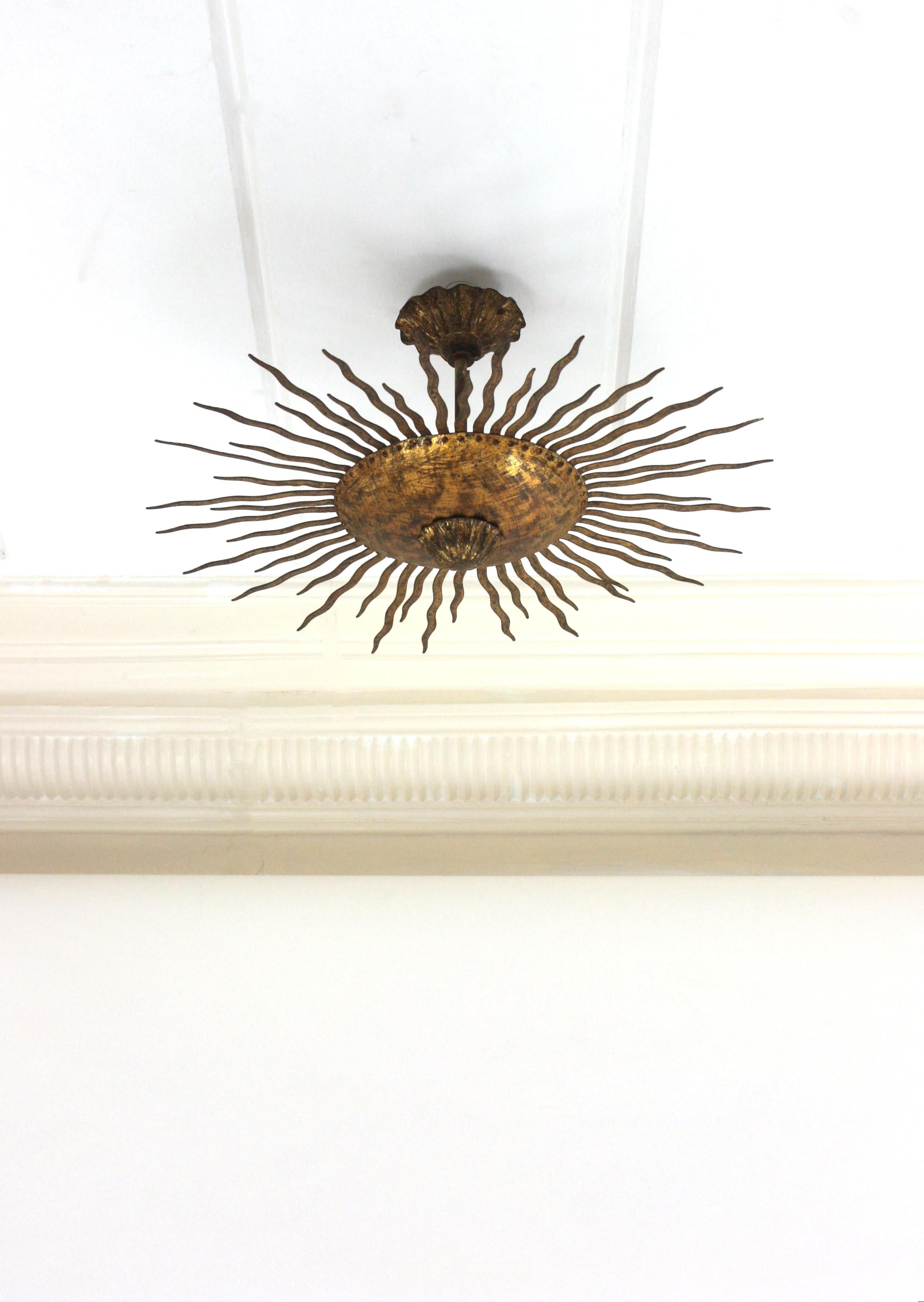 Sunburst Ceiling Light Fixture or Chandelier with Curly Rays, Gilt Iron For Sale 2