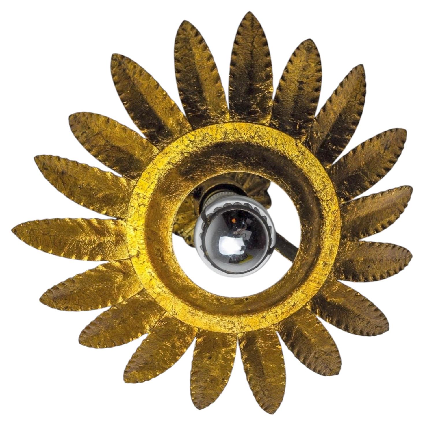 Sunburst Ceiling Light in Gilt Metal and Gold Leaf by Ferro Arte, Spain, 1960 For Sale