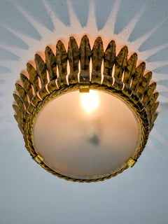 Sunburst Ceiling Light in Gilt Metal and Gold Leaf by Ferro Arte, Spain, 1960s