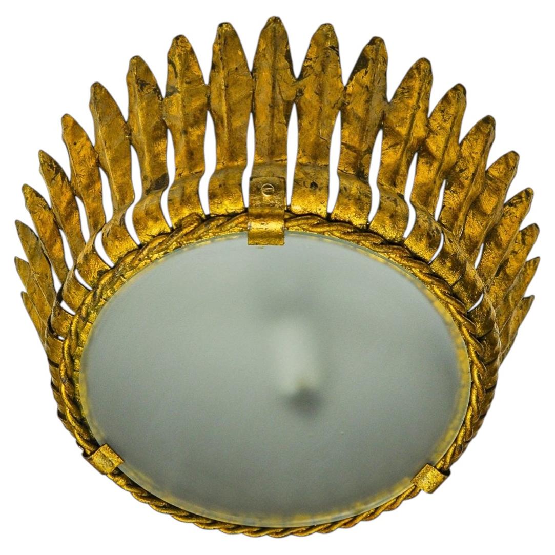 Sunburst Ceiling Light in Gilt Metal and Gold Leaf by Ferro Arte, Spain, 1960s
