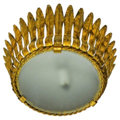 Sunburst Ceiling Light in Gilt Metal and Gold Leaf by Ferro Arte, Spain, 1960s