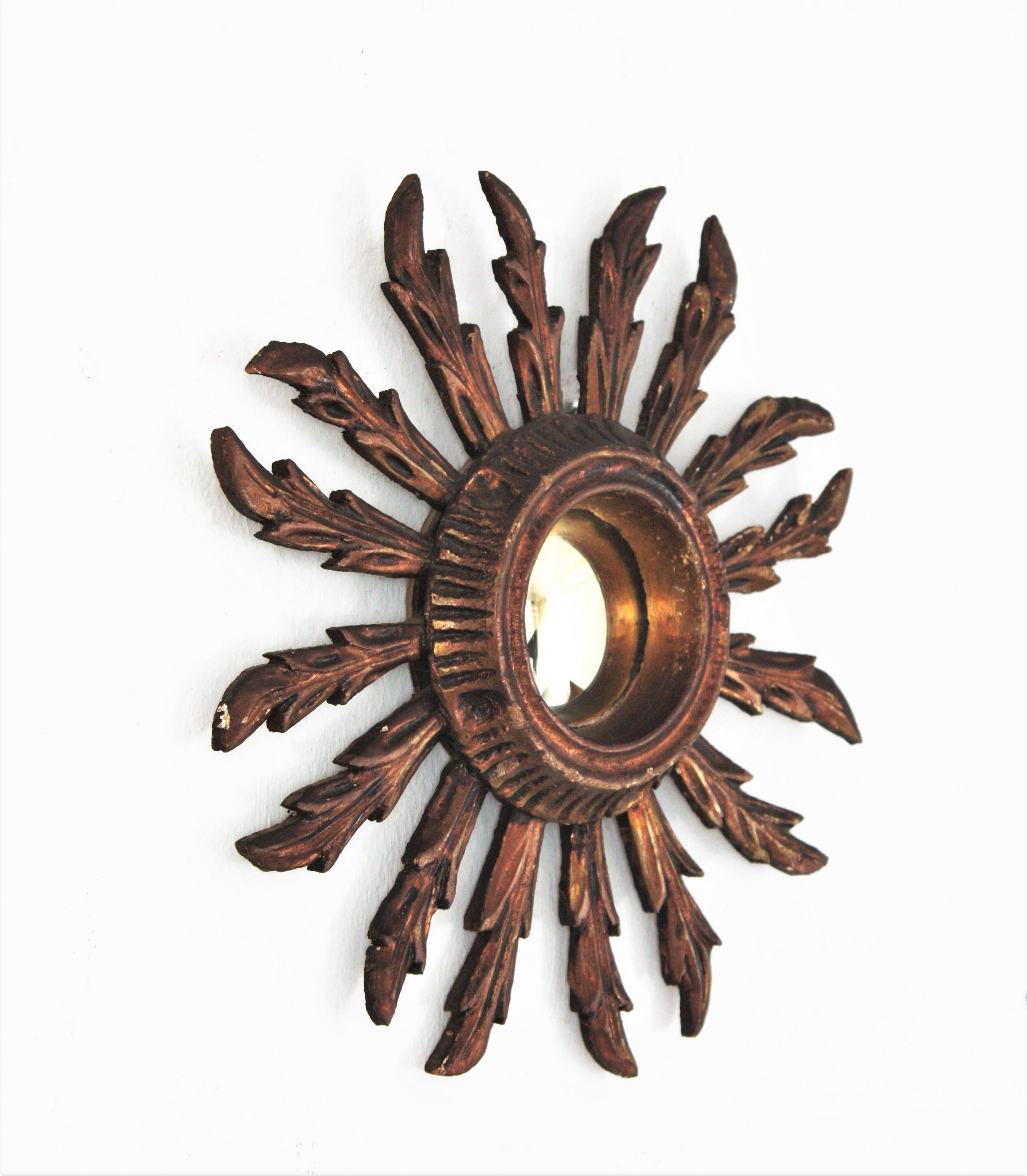 Spanish Sunburst Convex Mirror in Small Scale, Baroque Style For Sale