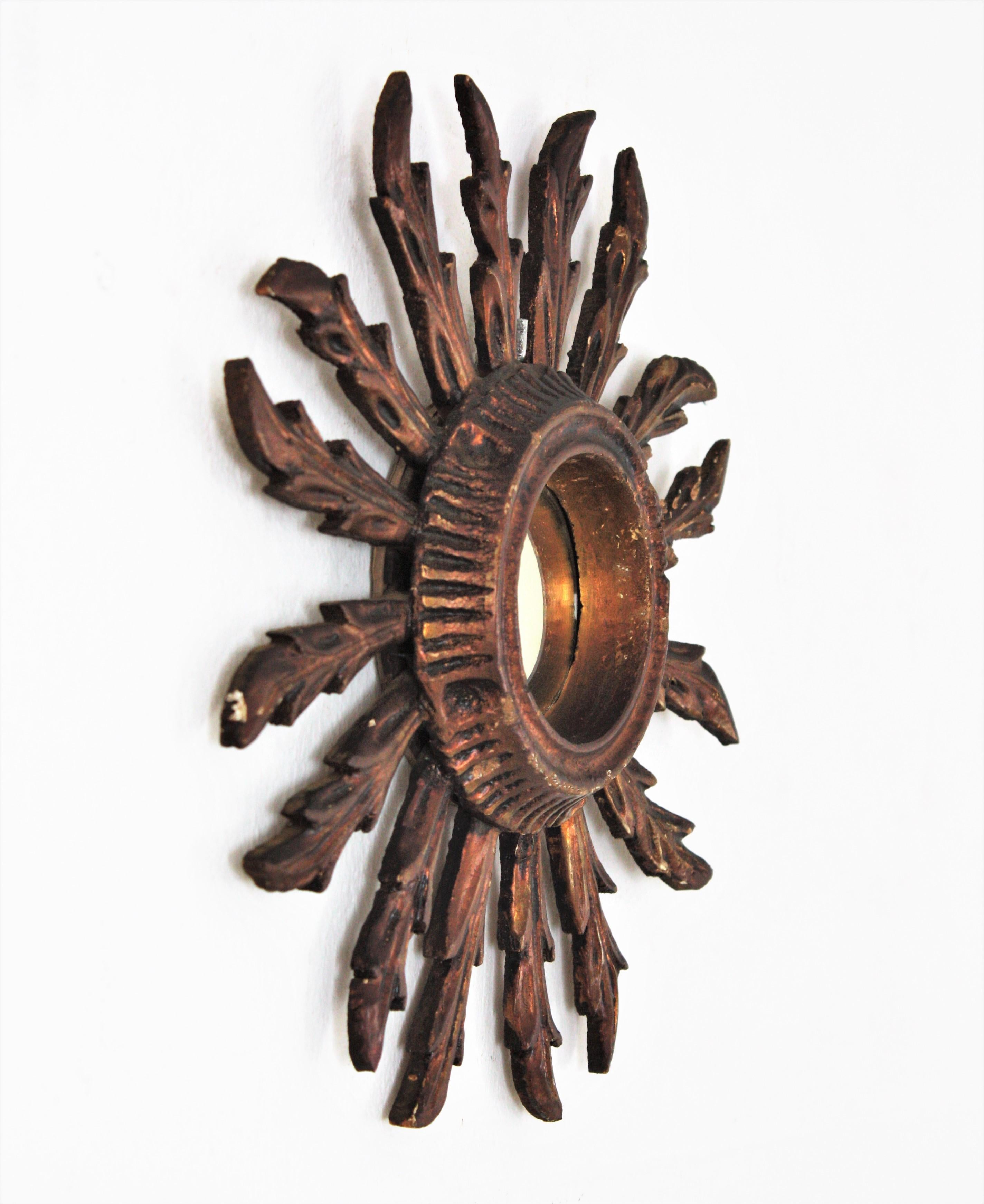 Carved Sunburst Convex Mirror in Small Scale, Baroque Style For Sale