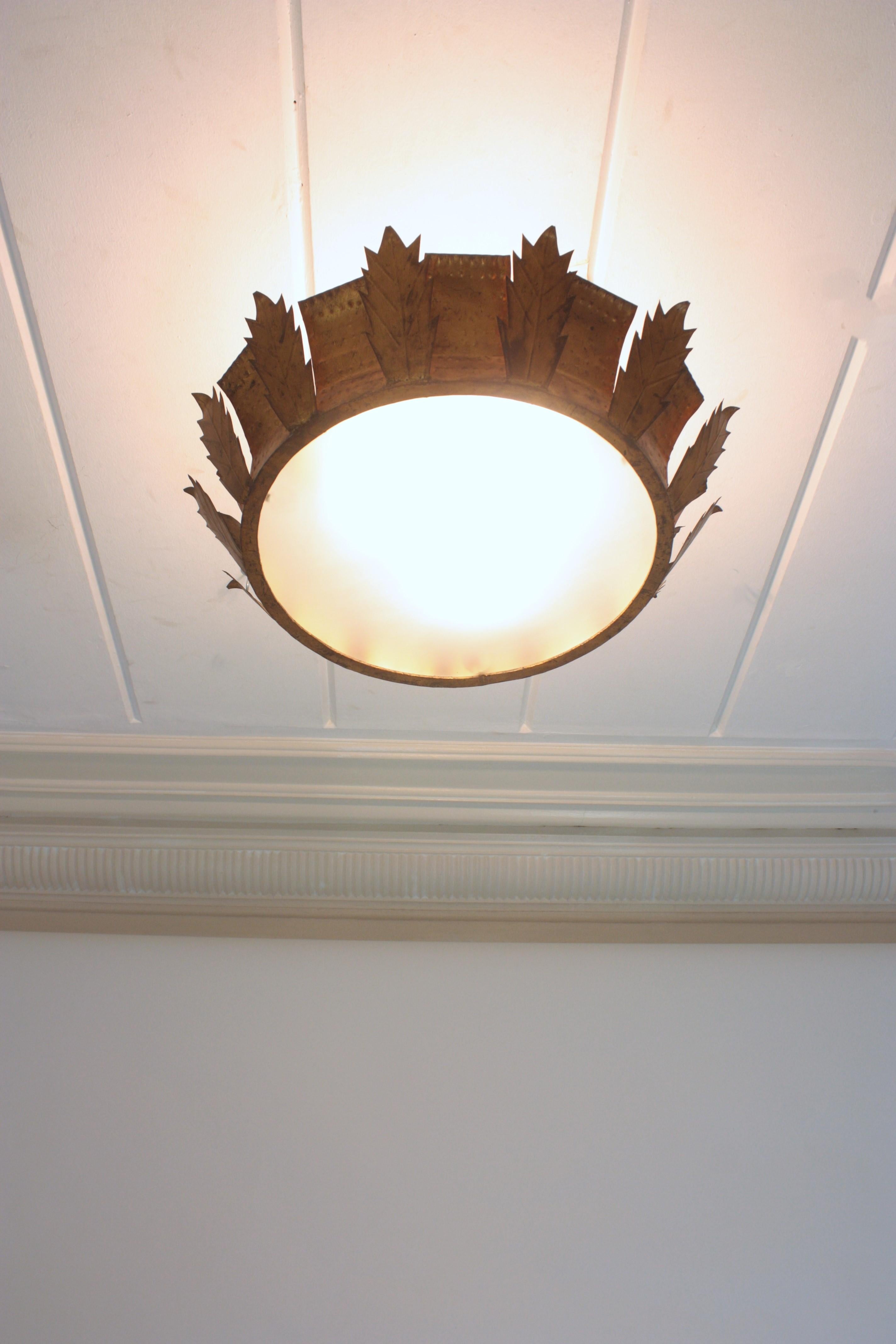 Sunburst Crown Brutalist Ceiling Flush Mount or Pendant in Gilt Iron  For Sale 4