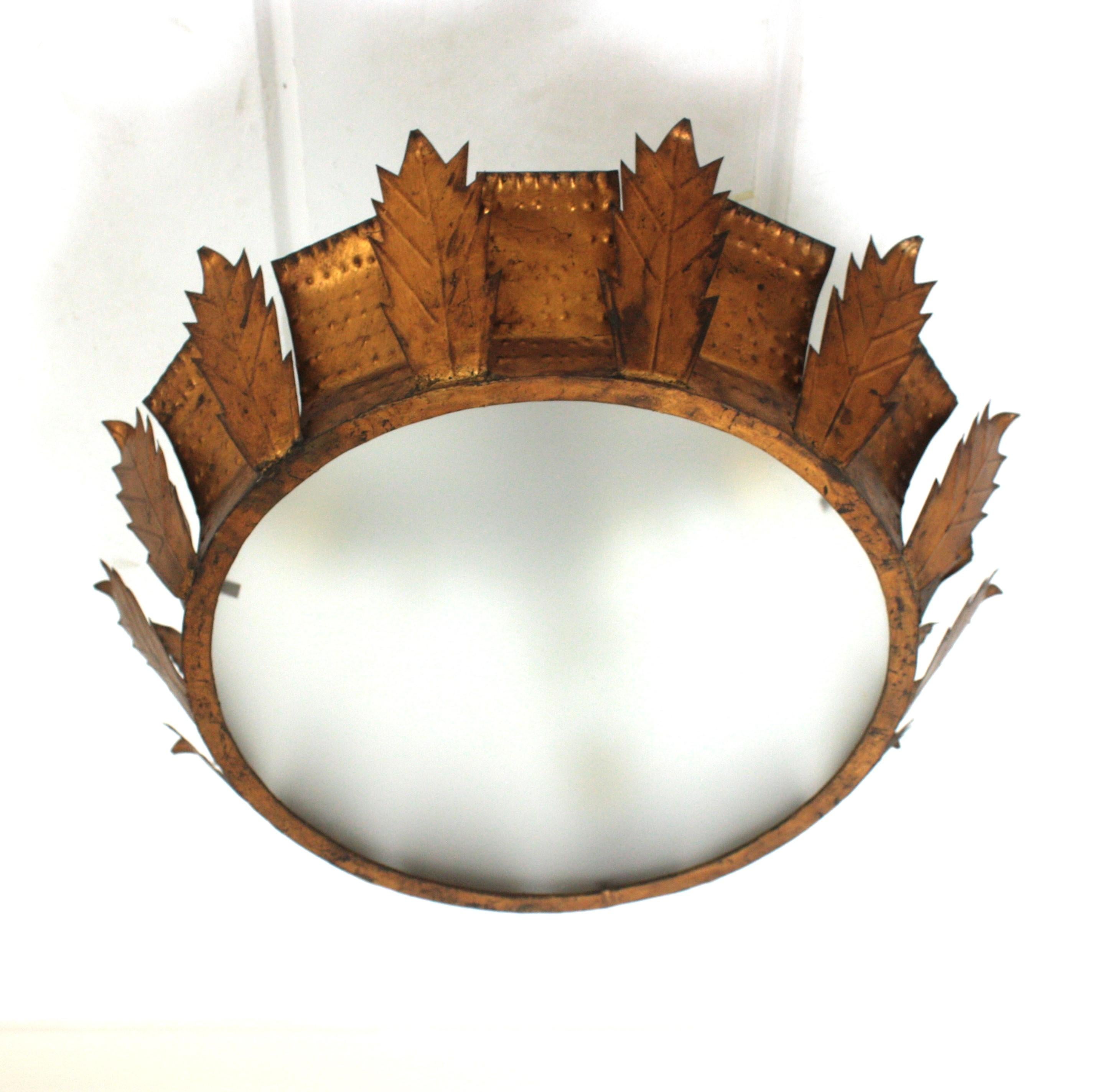 Sunburst Crown Brutalist Ceiling Flush Mount or Pendant in Gilt Iron  For Sale 5
