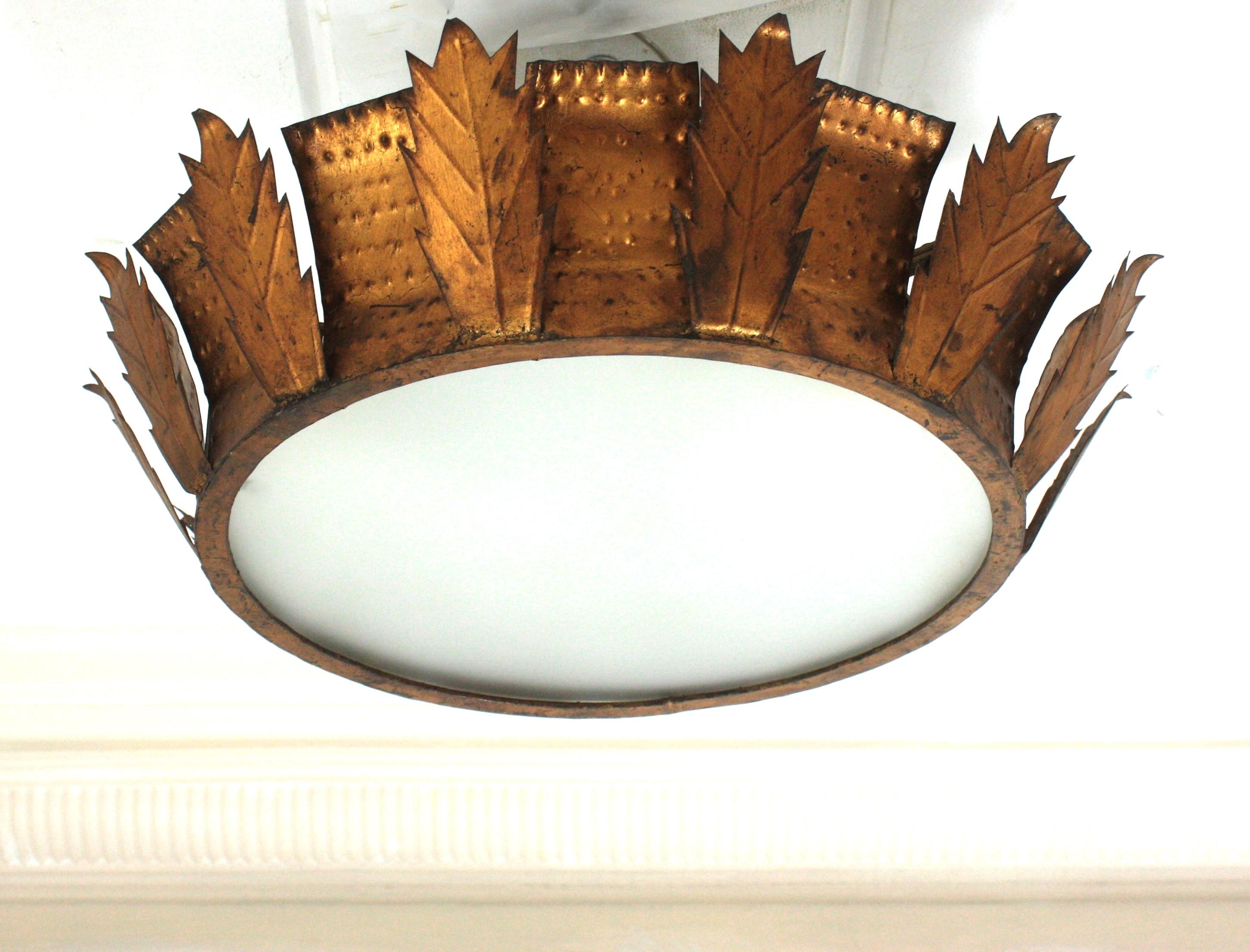 Sunburst Crown Brutalist Ceiling Flush Mount or Pendant in Gilt Iron  For Sale 6