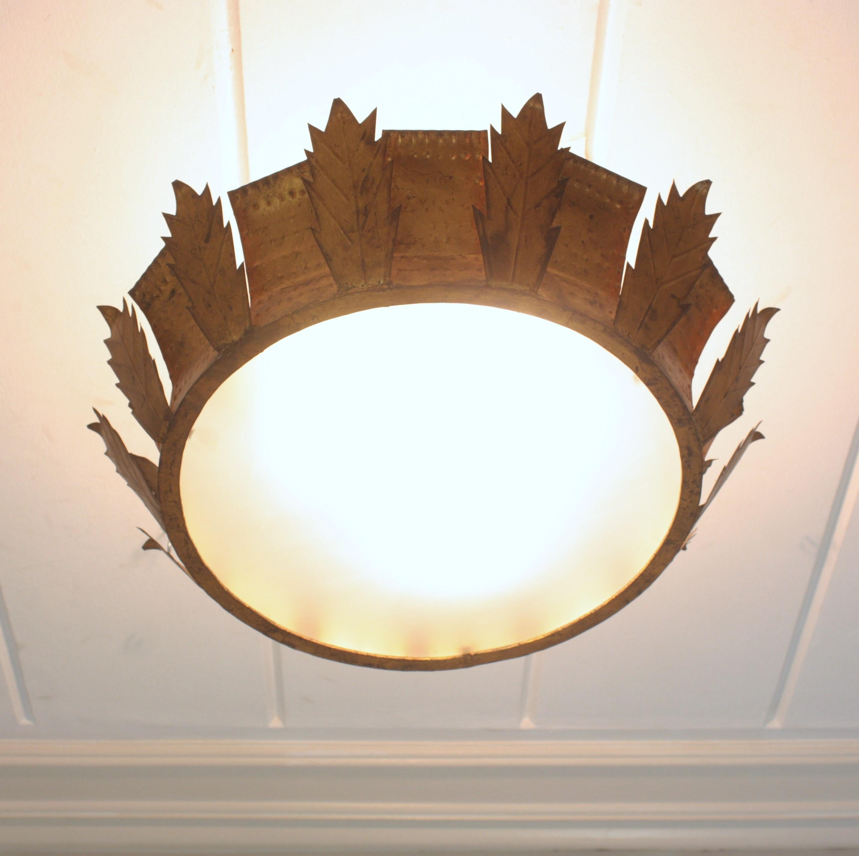 Sunburst Crown Brutalist Ceiling Flush Mount or Pendant in Gilt Iron  For Sale 7