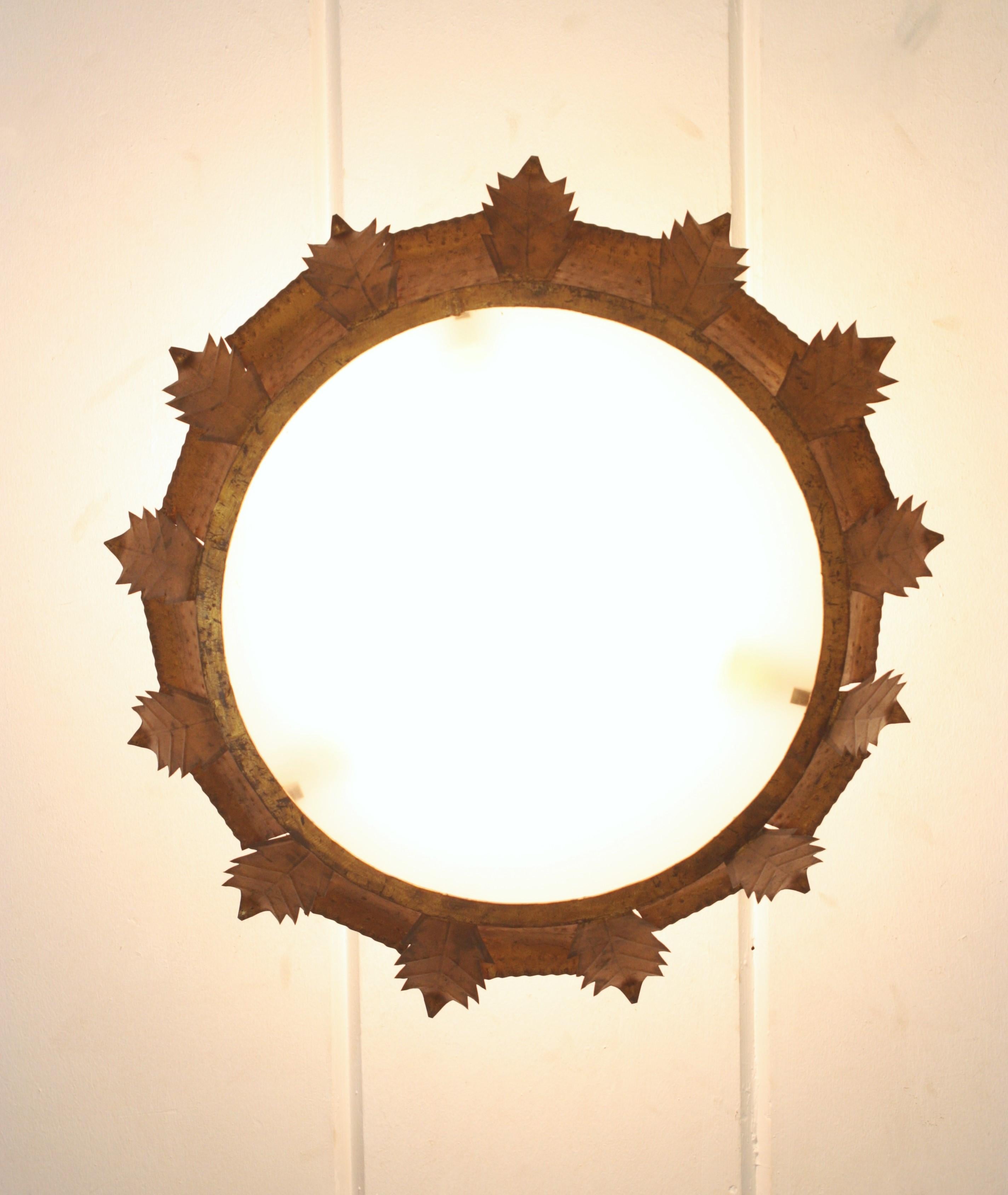Sunburst Crown Brutalist Ceiling Flush Mount or Pendant in Gilt Iron  For Sale 8