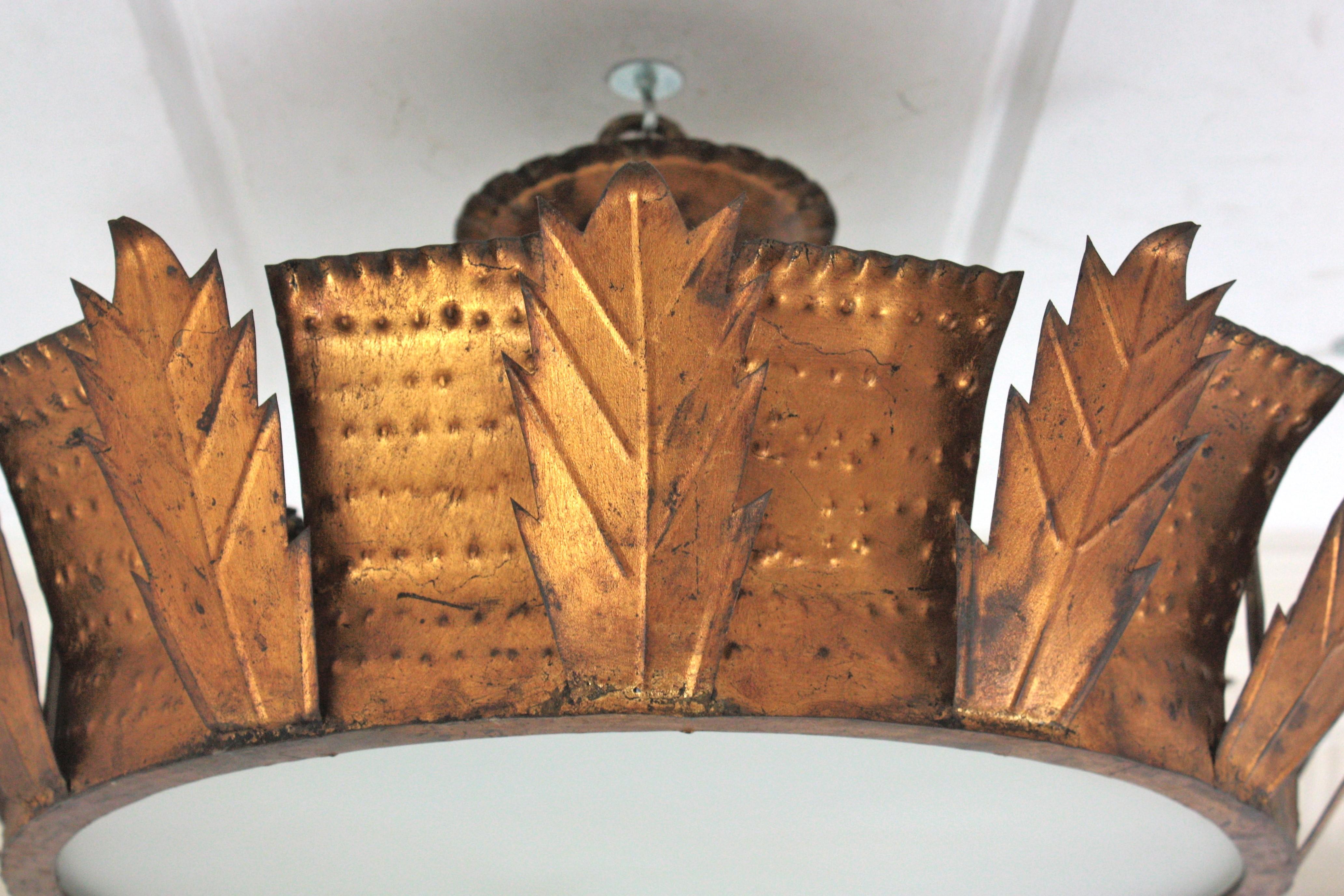 Sunburst Crown Brutalist Ceiling Flush Mount or Pendant in Gilt Iron  For Sale 11