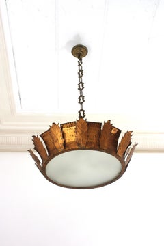 Sunburst Crown Brutalist Ceiling Flush Mount or Pendant in Gilt Iron