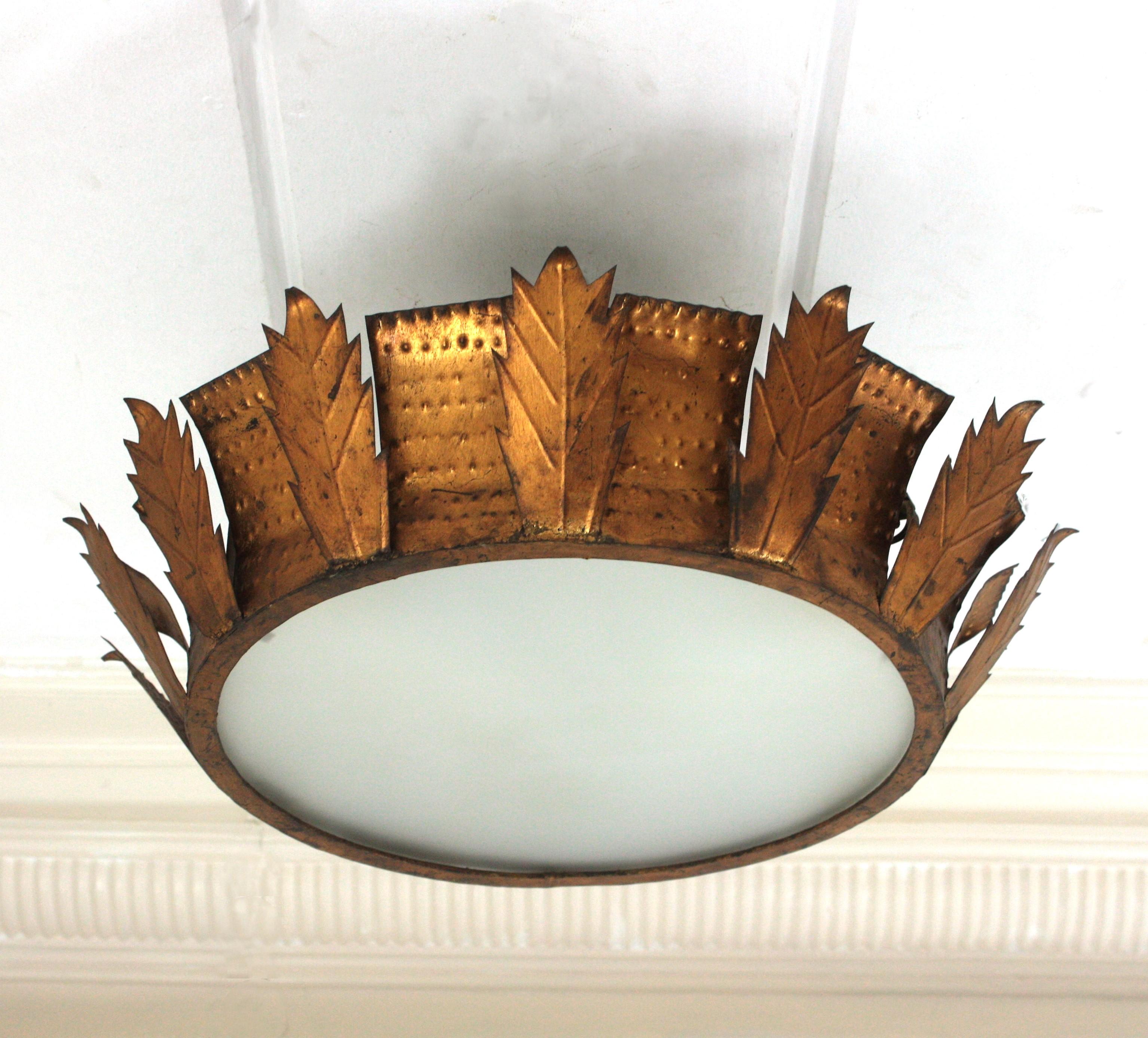 Spanish Sunburst Crown Brutalist Ceiling Flush Mount or Pendant in Gilt Iron  For Sale