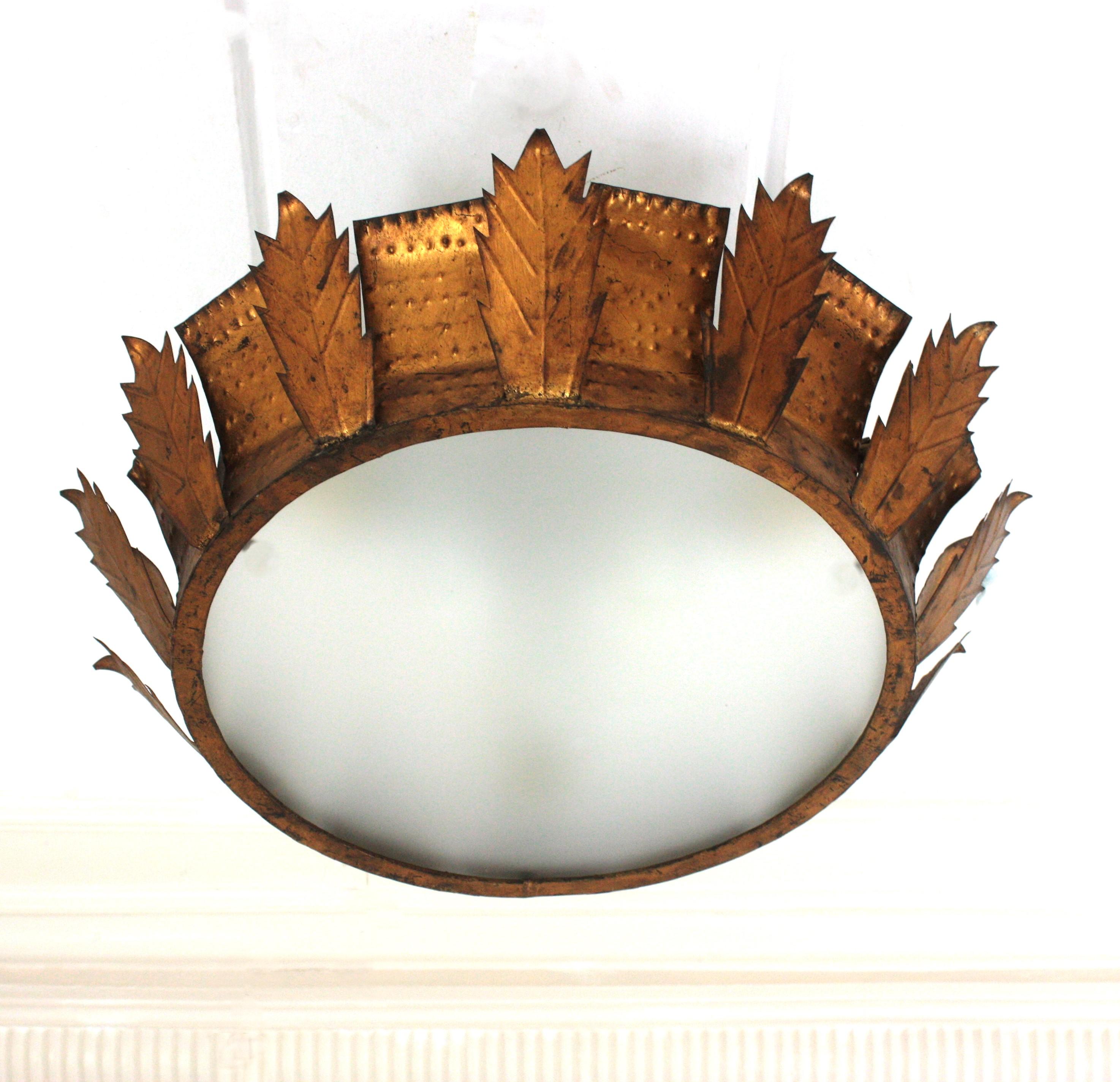 Frosted Sunburst Crown Brutalist Ceiling Flush Mount or Pendant in Gilt Iron  For Sale