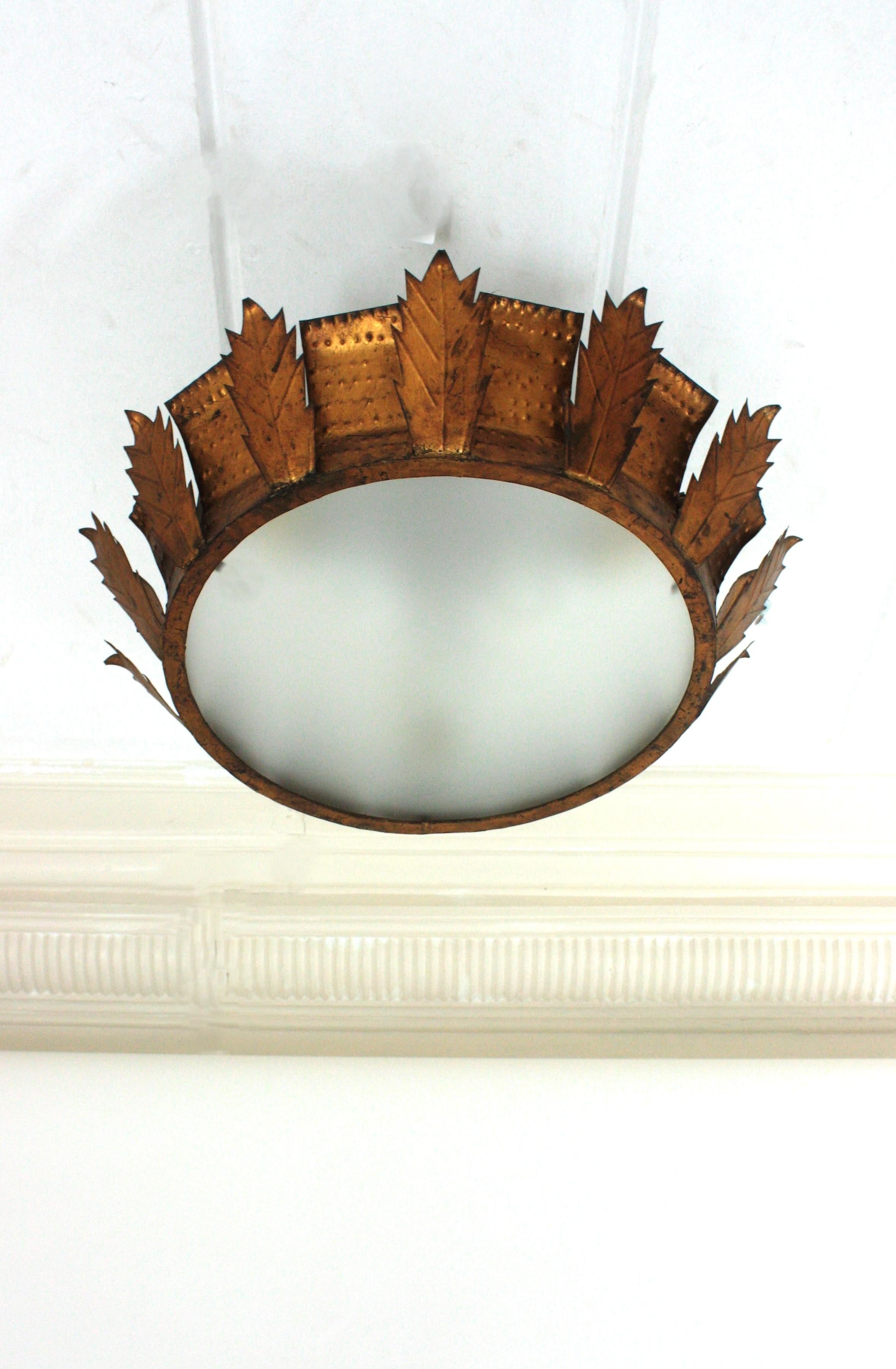 20th Century Sunburst Crown Brutalist Ceiling Flush Mount or Pendant in Gilt Iron  For Sale