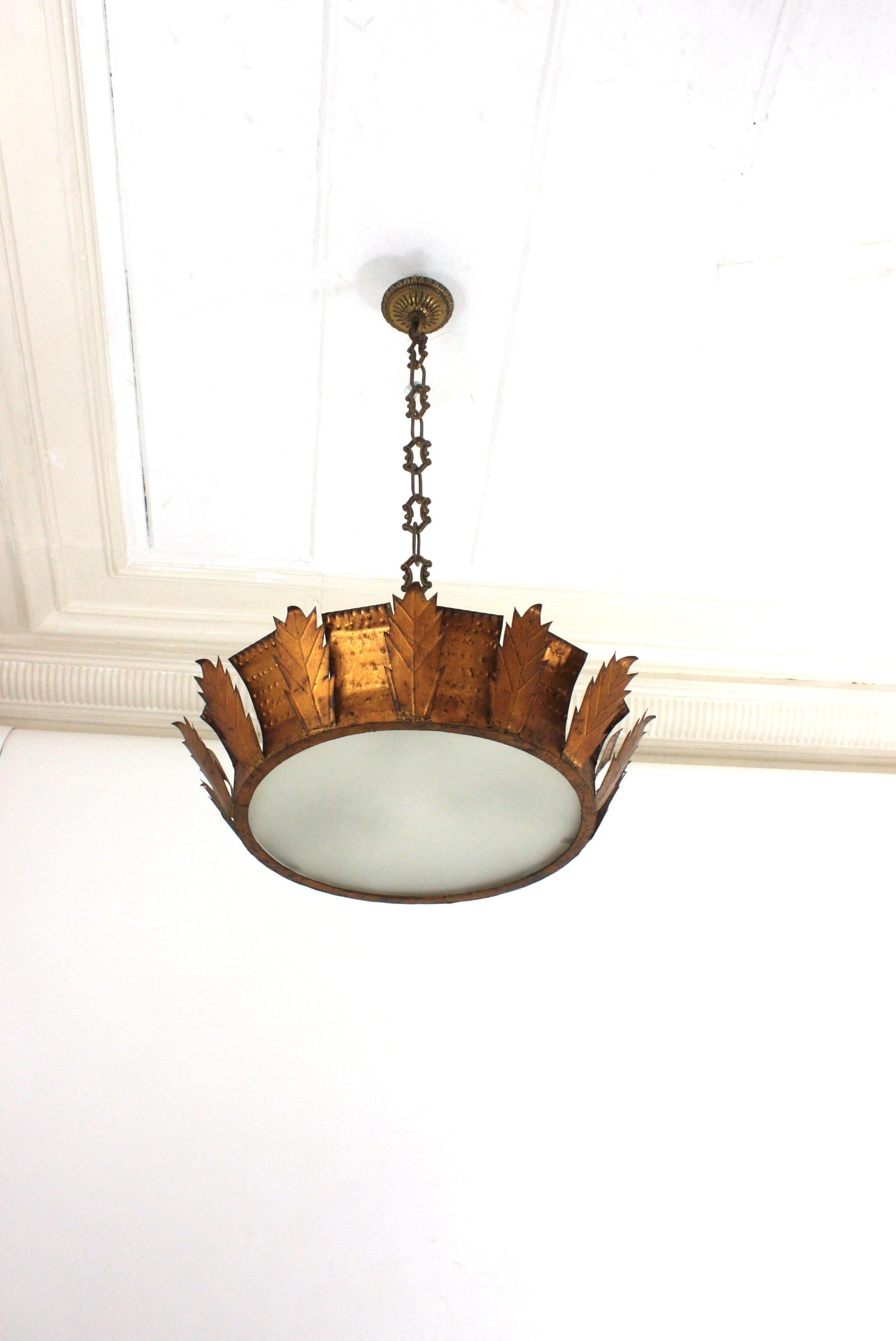 Metal Sunburst Crown Brutalist Ceiling Flush Mount or Pendant in Gilt Iron  For Sale